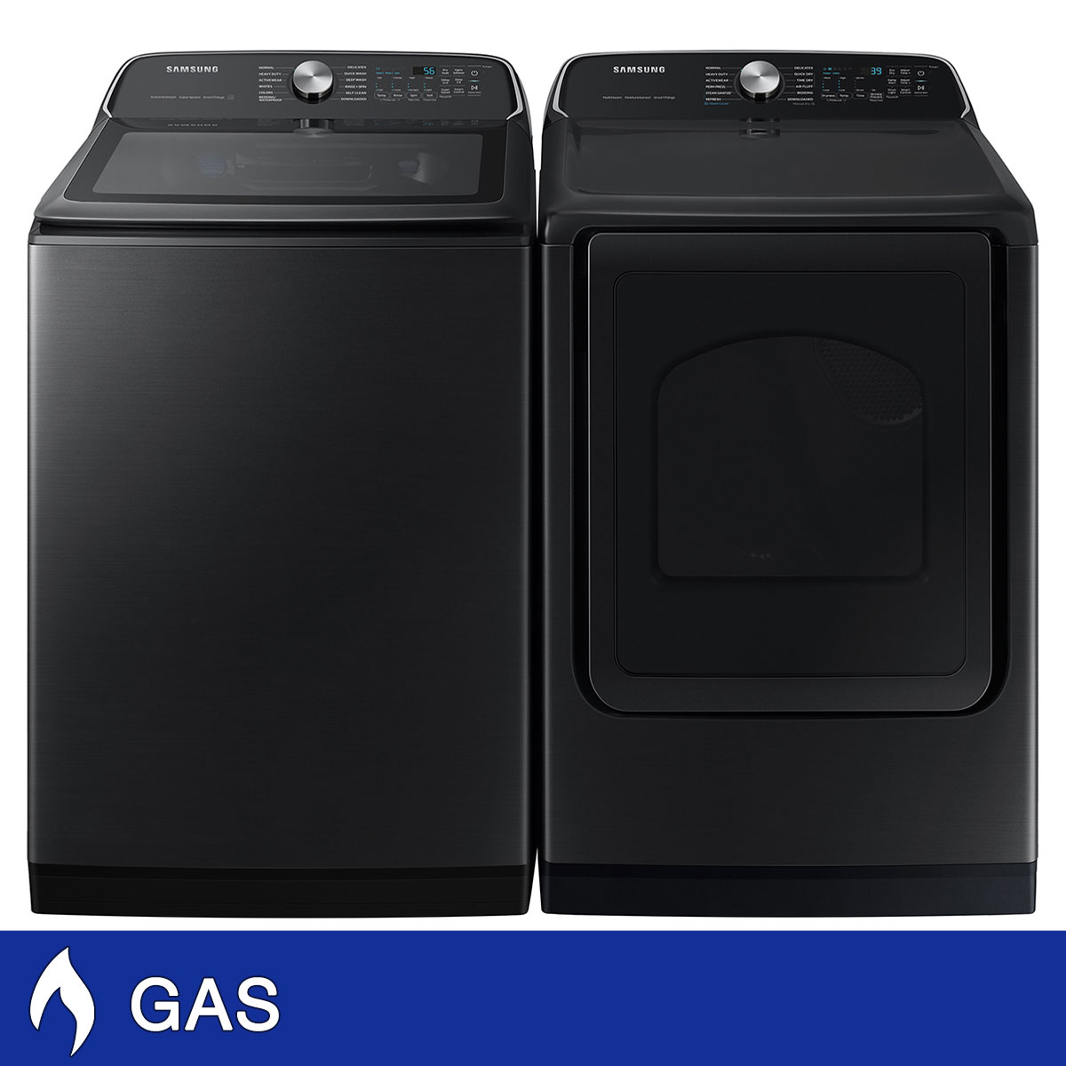 Samsung 5.5 cu. ft. Extra-Large Capacity Smart Top Load Washer with Super Speed Wash and 7.4 cu. ft. Smart GAS Dryer with Steam Sanitize+