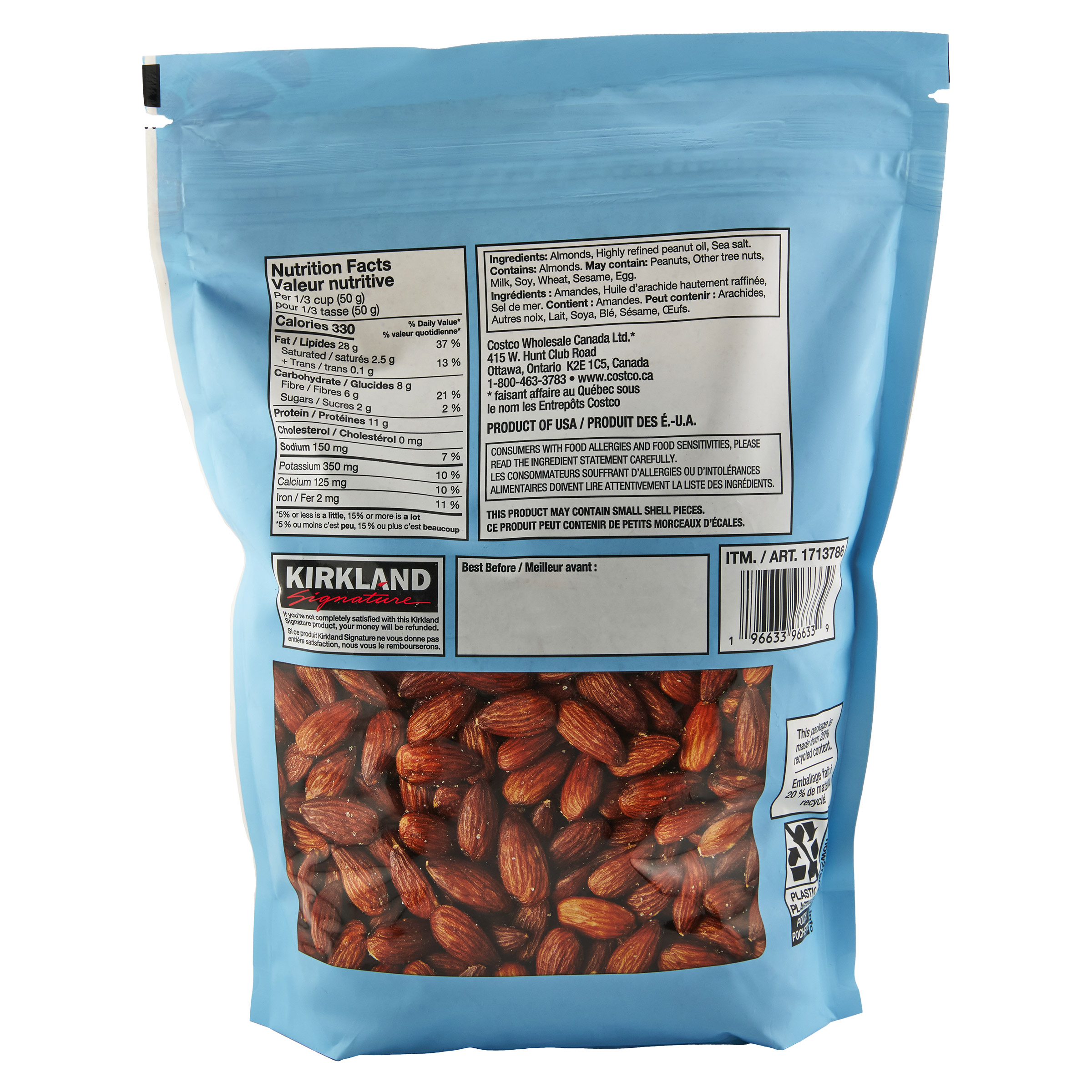 Kirkland Signature Roasted Almonds With Sea Salt, 1.13 kg | Costco