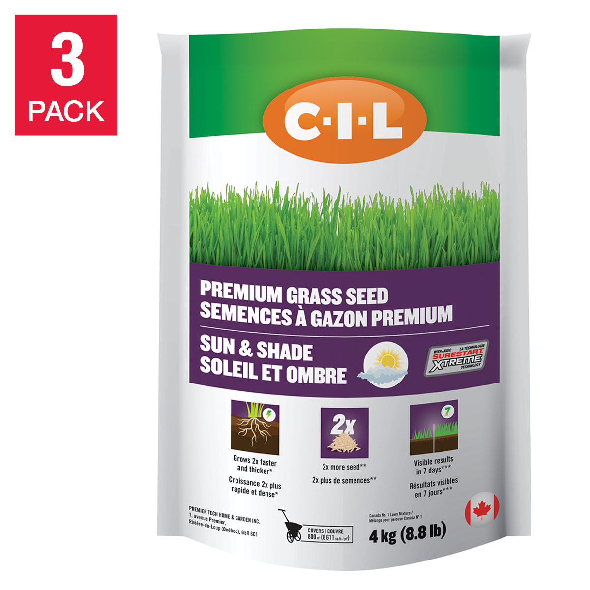 CIL Premium Sun & Shade Grass Seed,  3 x 4kg