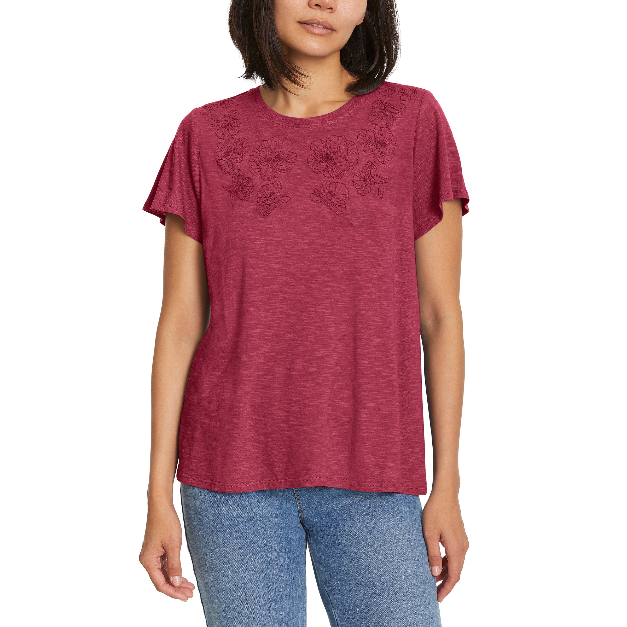 Ella Moss Women’s Short Sleeve Embroidered Top Shoulder & Chest Embroidery