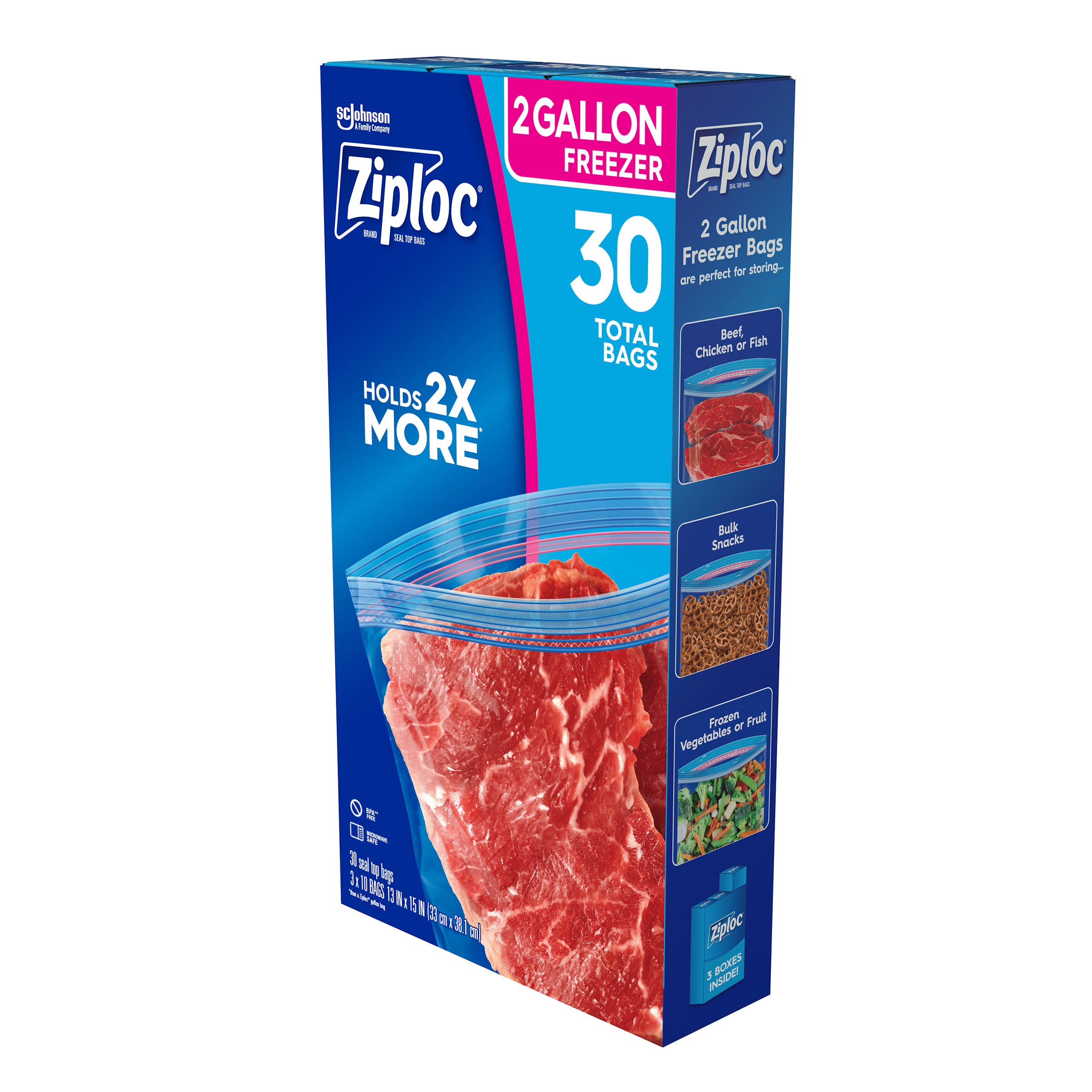 Ziploc Seal Top Freezer Bag, 2-Gallon, 10-count, 3-pack | Costco