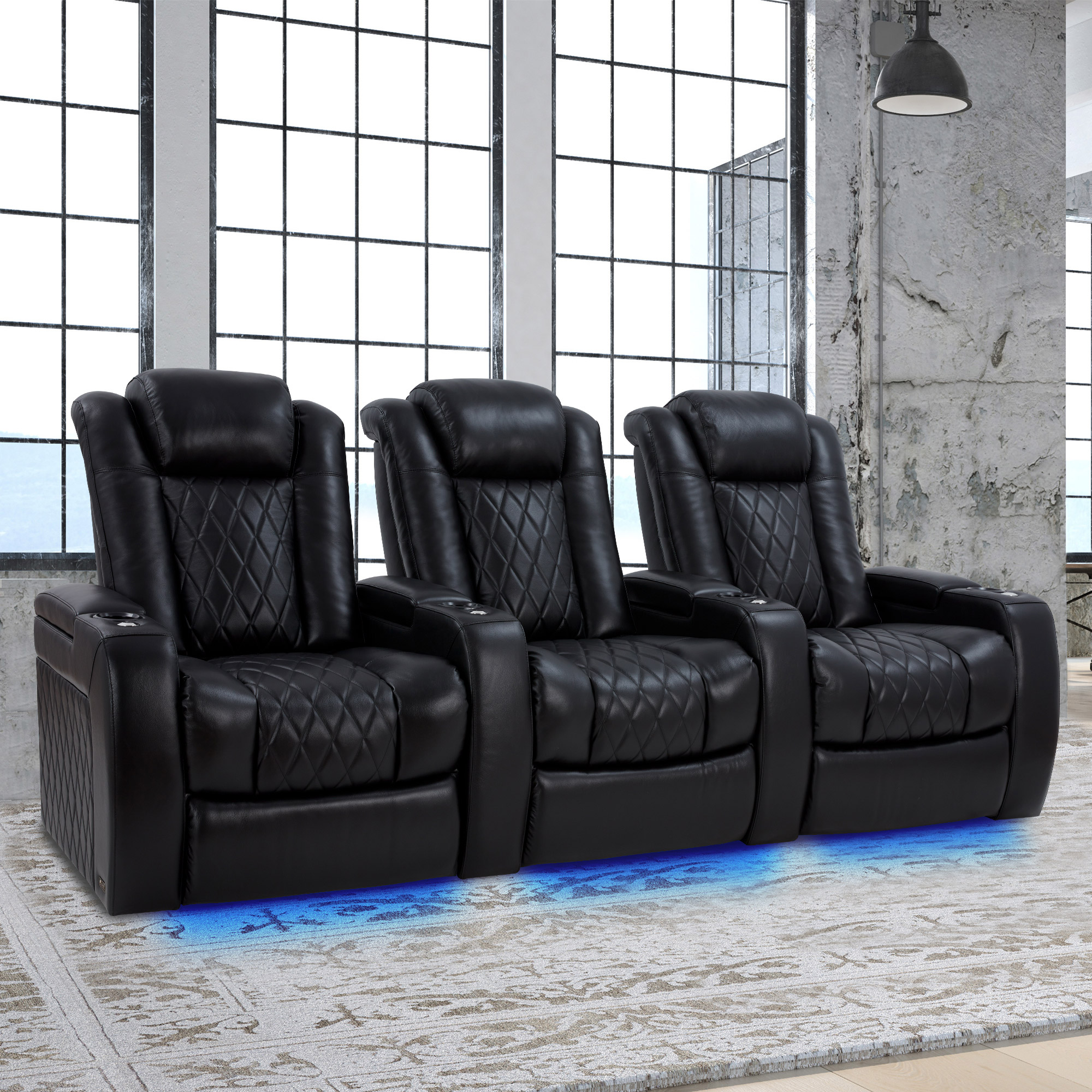 Imperia XL Modern 3-piece Top Grain Leather Power Reclining Headrest Home Theatre Seating, Black