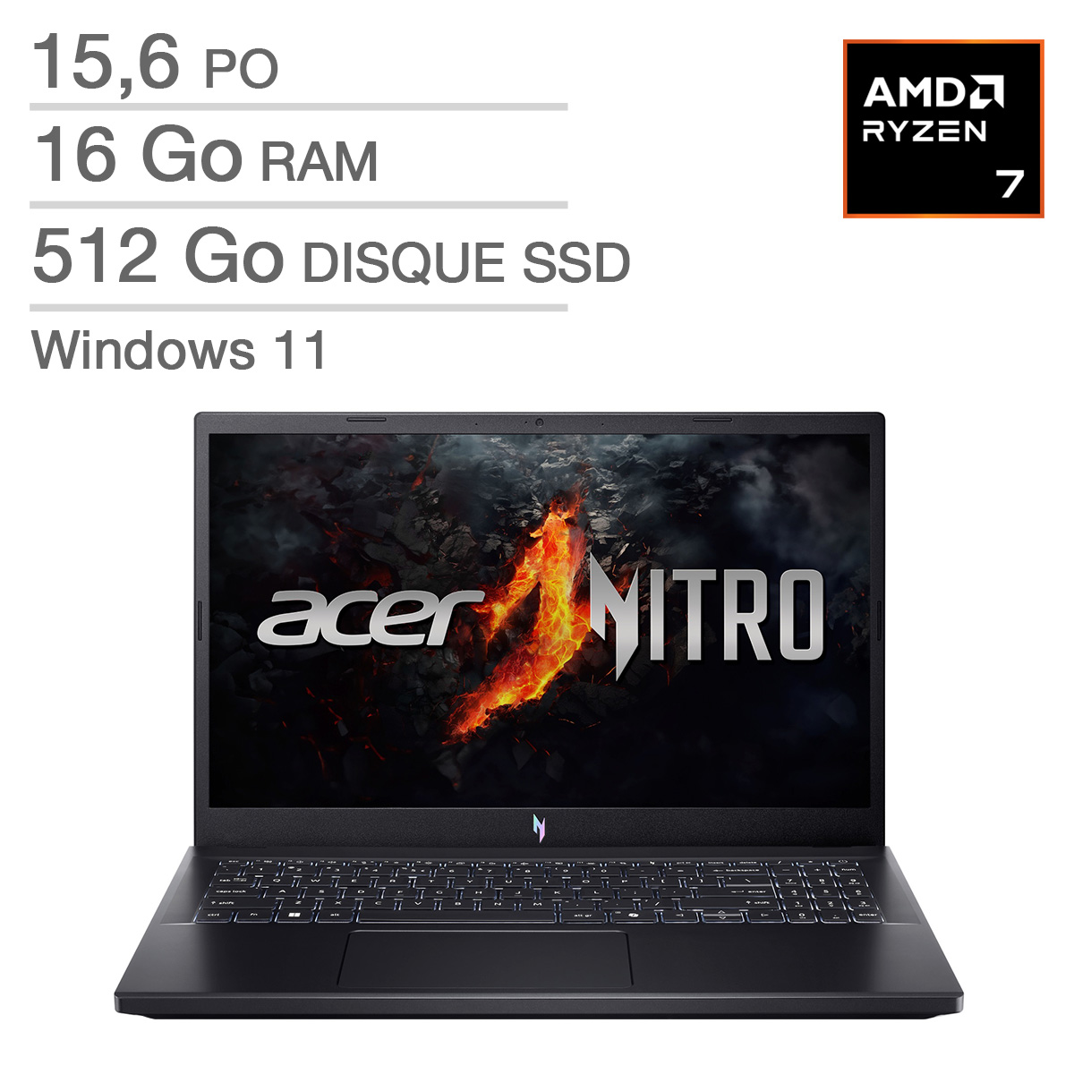 Acer Nitro Ordinateur portable de jeux de 15,6 , AMD Ryzen 7 7735HS – 16 Go de RAM, 512 Go SSD, 4 Go Nvidia RTX 3050