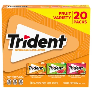 Trident Sugar Free Gum, Fruit Variety, 14 pieces, 20 count
