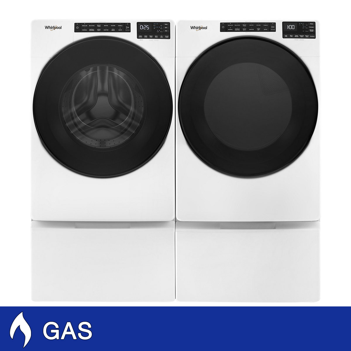Whirlpool 5.0 cu. ft. Front Load Washer with Quick Wash Cycle and 7.4 cu. ft. GAS Dryer with Storage Pedestals