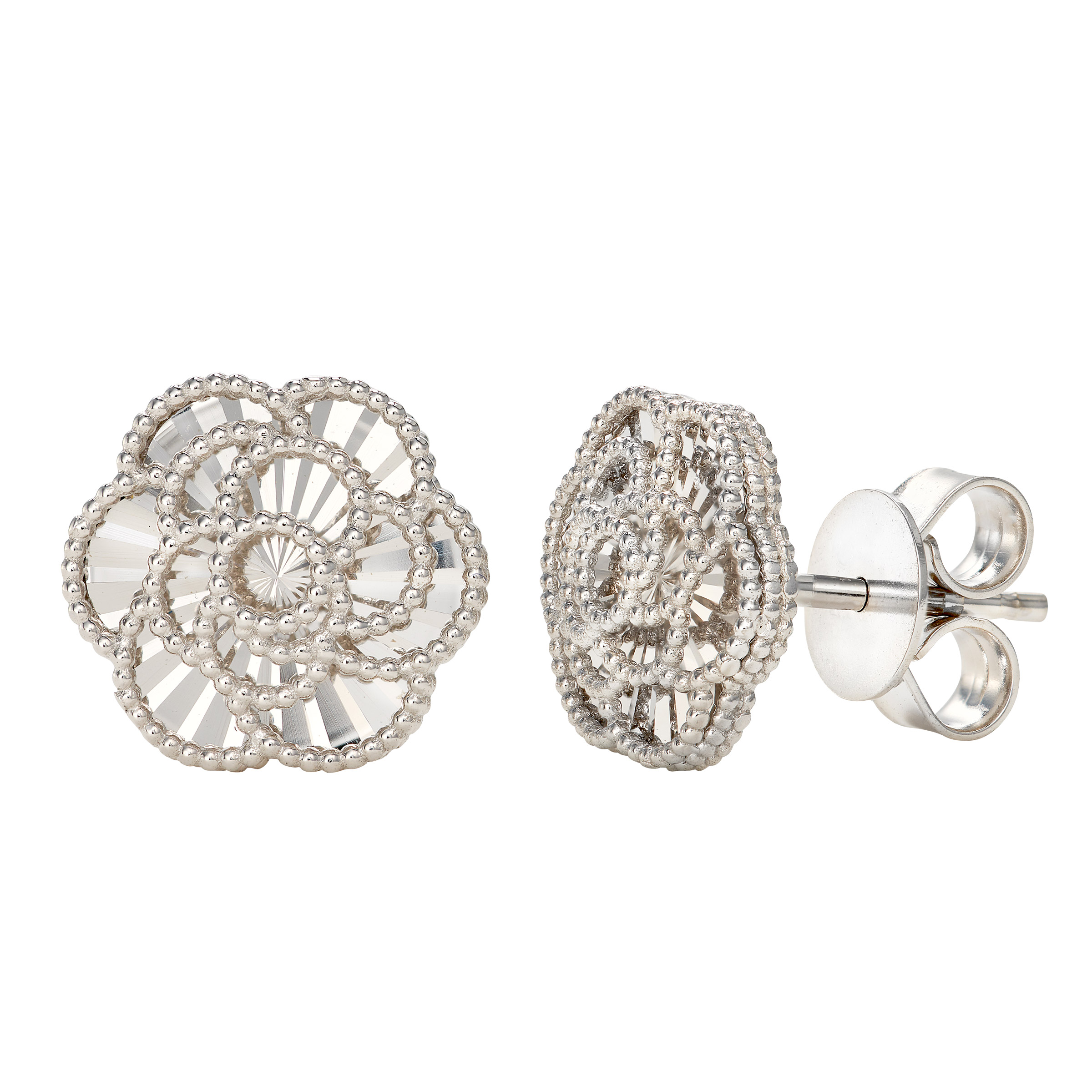Diamond Cut Textured Flower Stud Earrings in White Gold
