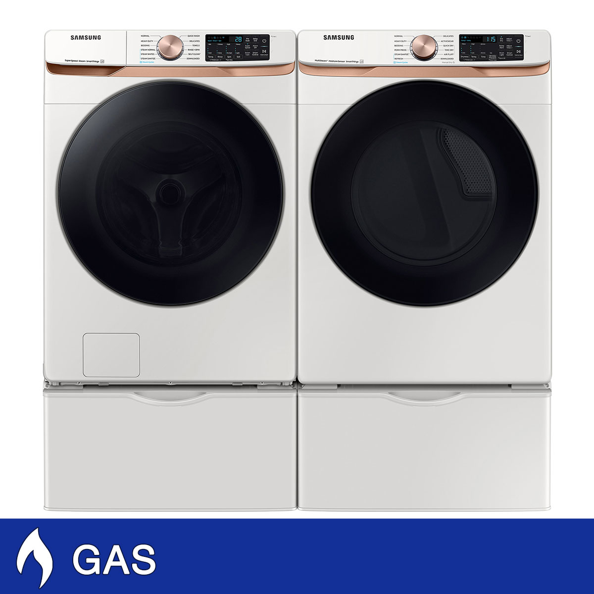 Samsung 5.0 cu. ft. Extra Large Capacity Smart Front Load Washer with Super Speed Wash and 7.5 cu. ft. Smart GAS Dryer with Storage Pedestals