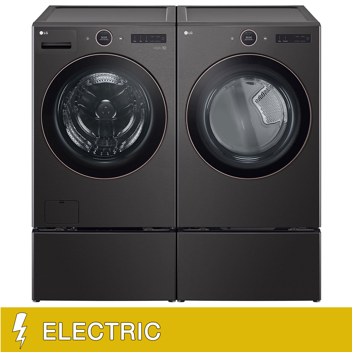 LG 5.0 cu. ft. Mega Capacity Smart Front Load Washer with TurboWash 360 and 7.4 cu. ft. ELECTRIC Dryer with AI Sensor Dry and TurboSteam with Washer and Storage Pedestal