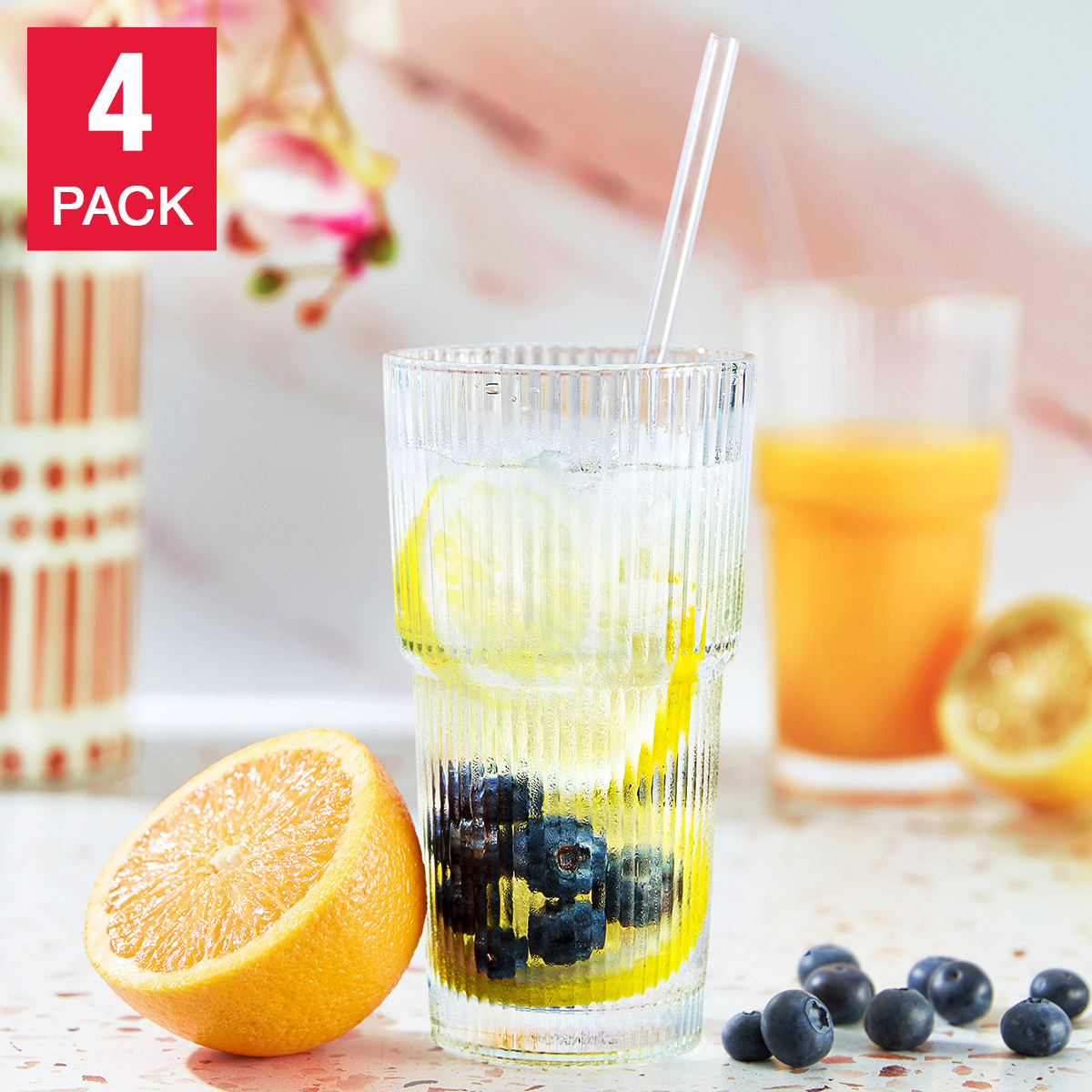 Mesa Ribbed 20 oz. Glass Cups with Lids and Straw  4-pack