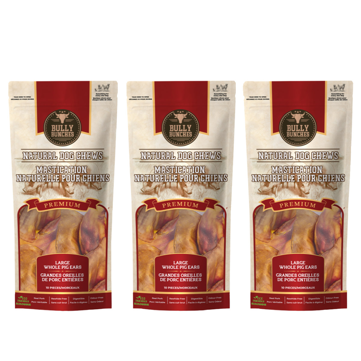 Bully Bunches Premium Natural Pig Ears Dog Chews, 3-pack