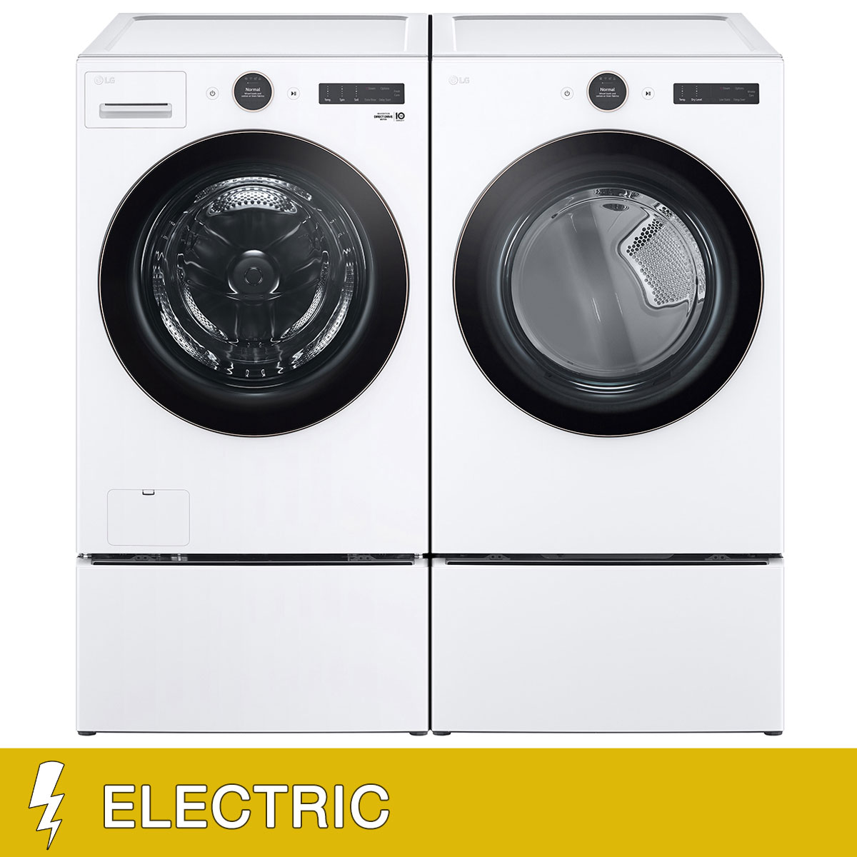 LG 5.0 cu. ft. Mega Capacity Smart Front Load Washer with TurboWash 360 and 7.4 cu. ft. ELECTRIC Dryer with AI Sensor Dry and TurboSteam with Storage Pedestals