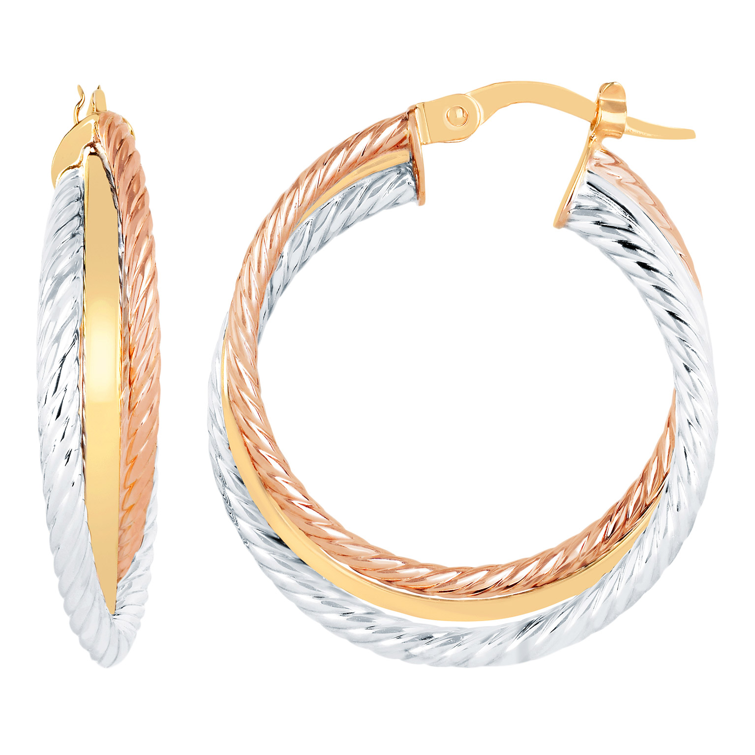 High Polish Triple Twisted Design Hoop Earrings in Tri-colour Gold