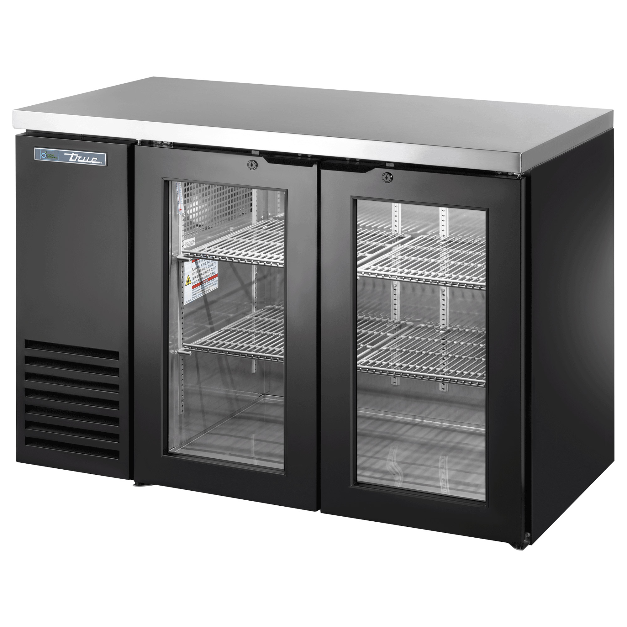 True 48 in. Commercial Black Exterior Back Bar Refrigerator with 2 Glass Doors