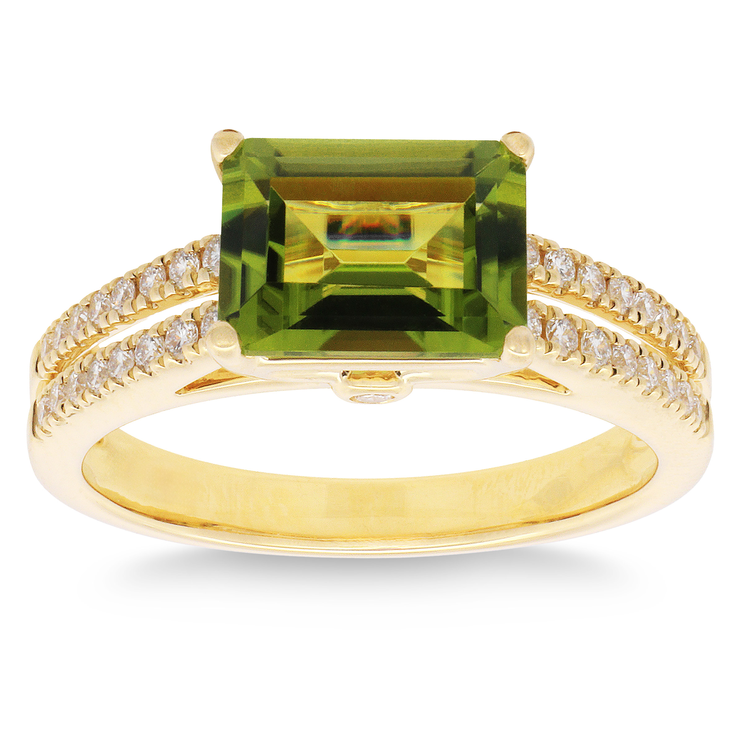 Octagon Shaped Peridot and Diamond Ring in Yellow Gold (0.20 ctw)