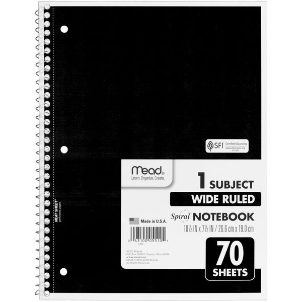 Mead 1-Subject Spiral Notebook, Wide Ruled, Assorted Colors Mead 1-Subject Spiral Notebook, Wide Ruled, Assorted Colors