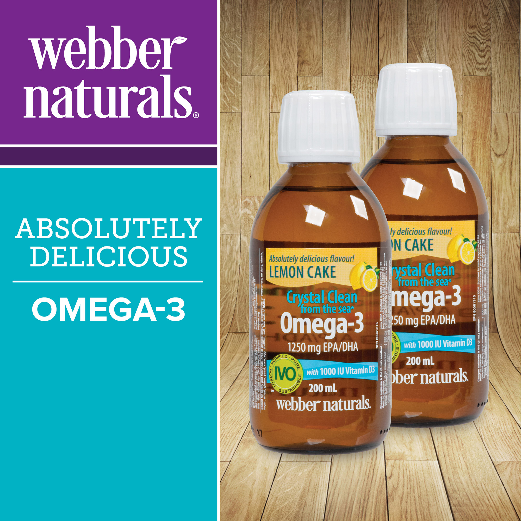 webber naturals Crystal Clean from the sea - Omega-3 Liquid 1250 mg EPA/DHA 1000 IU Vitamin D3 - 2 x 200 mL Lemon Cake Flavour