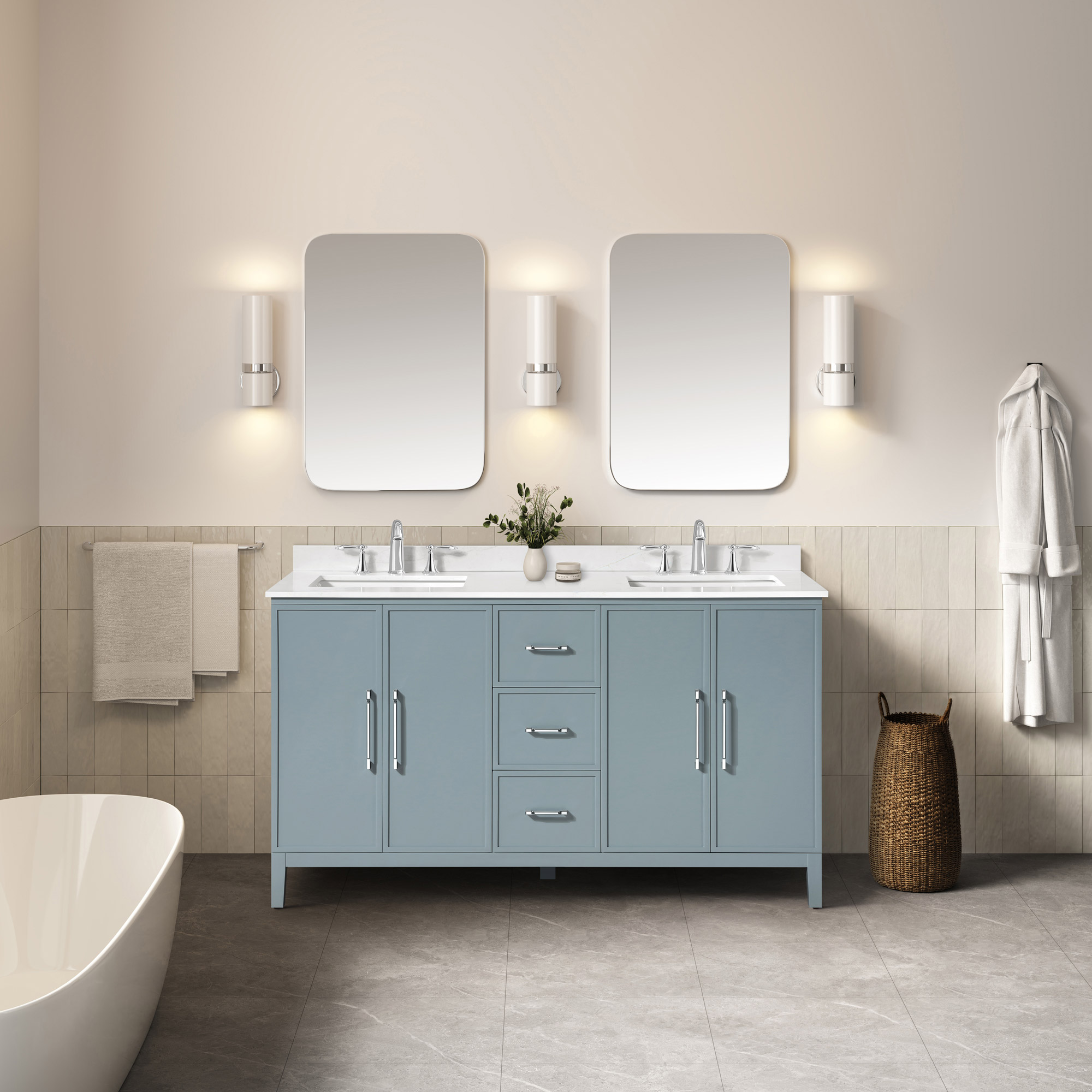 OVE Decors Codey Vanity in Blue Finish with Calacatta Quartz Countertop