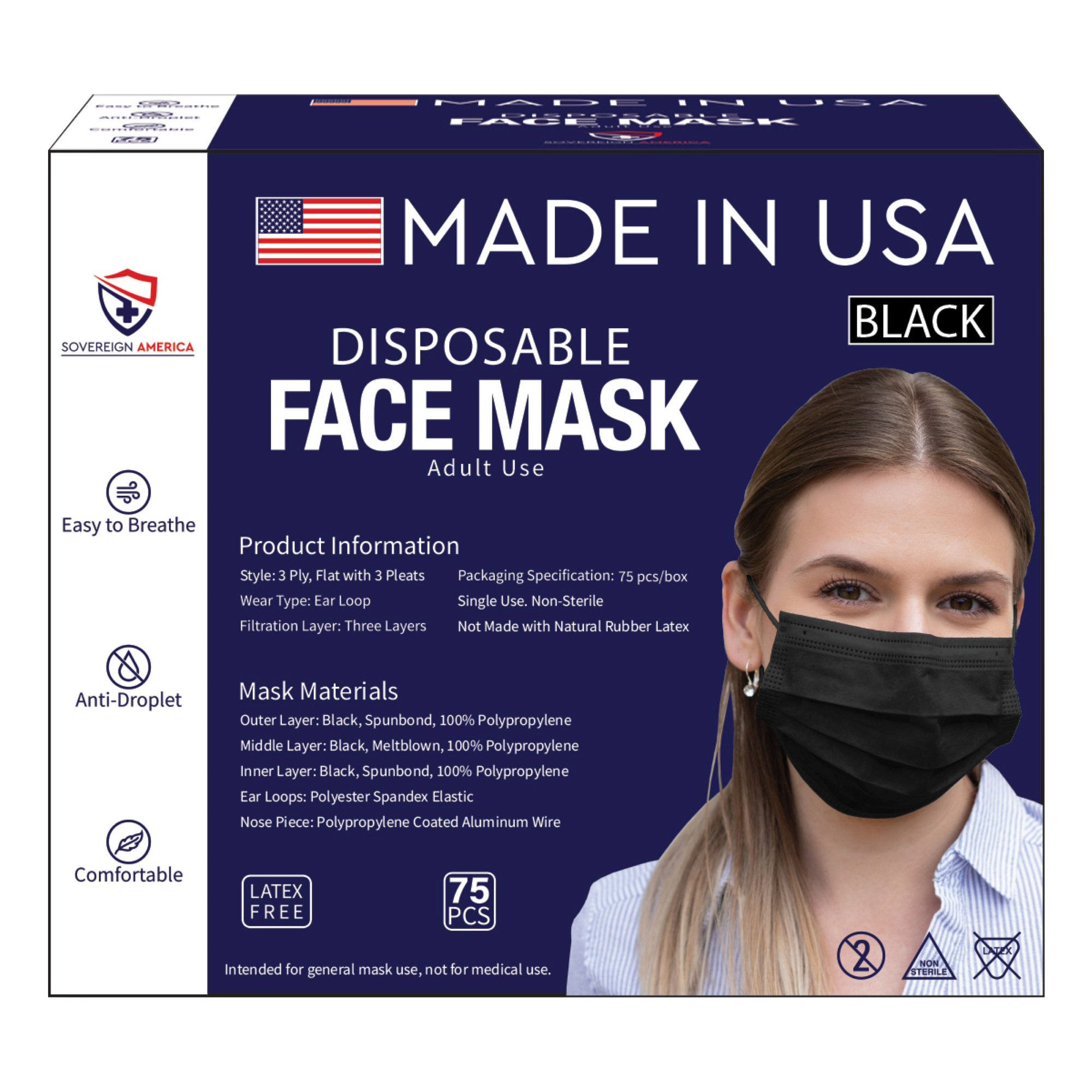Sovereign America Disposable Face Mask, 75-Count, Black