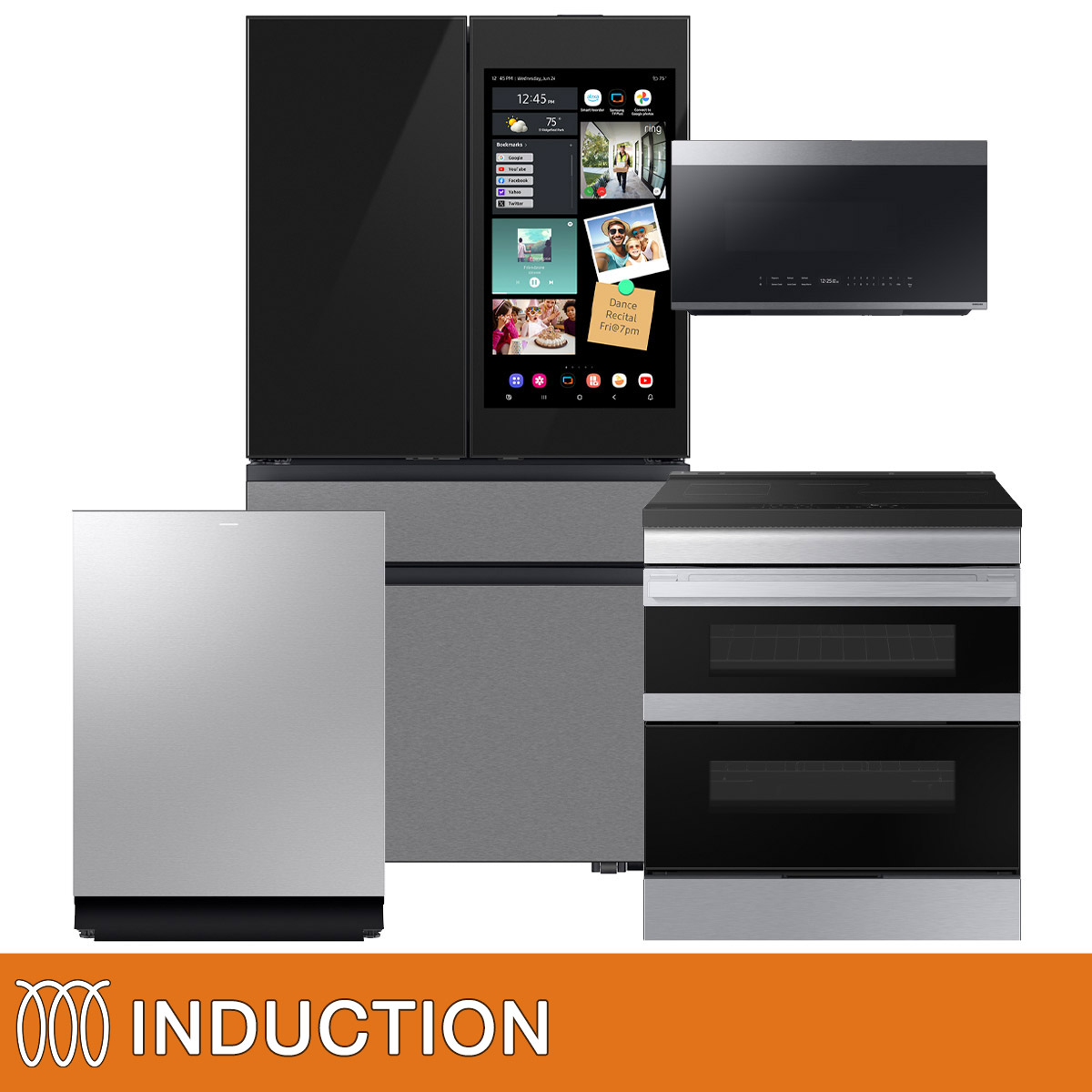 Samsung 4-piece INDUCTION Kitchen Package with Bespoke 4-Door French Door Refrigerator with Family Hub+