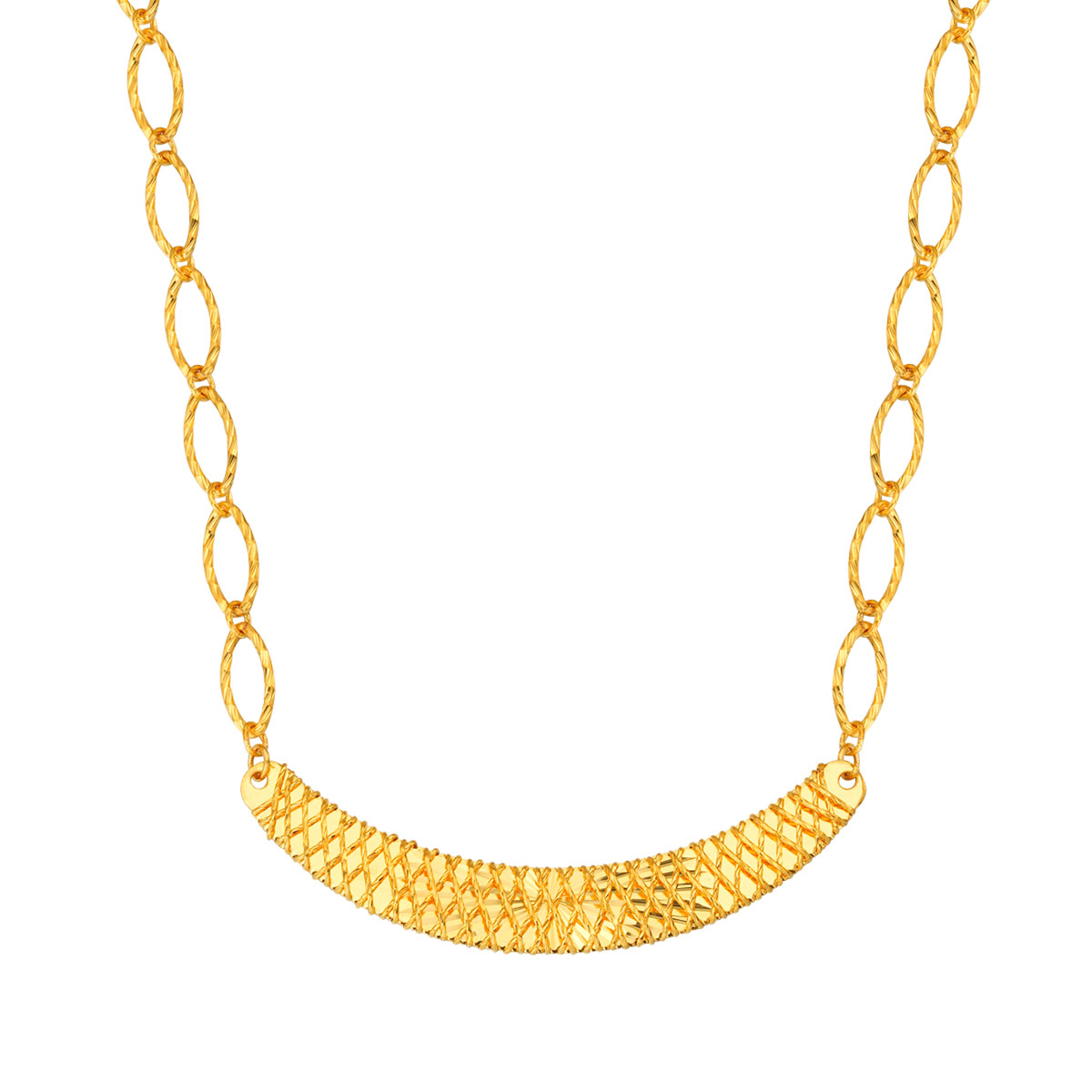 Diamond Cut Oval Hoop Necklace with Sunray Plate in  24-kt Yellow Gold