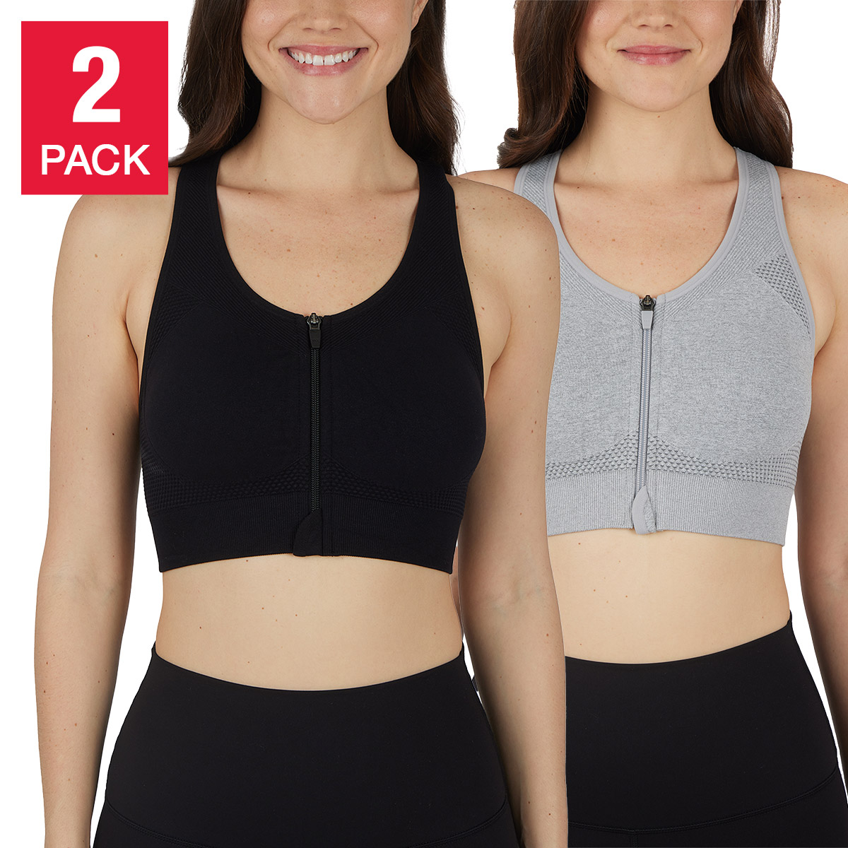 Reflex Women's Seamless Front Zip Sports Bra, 2-pack