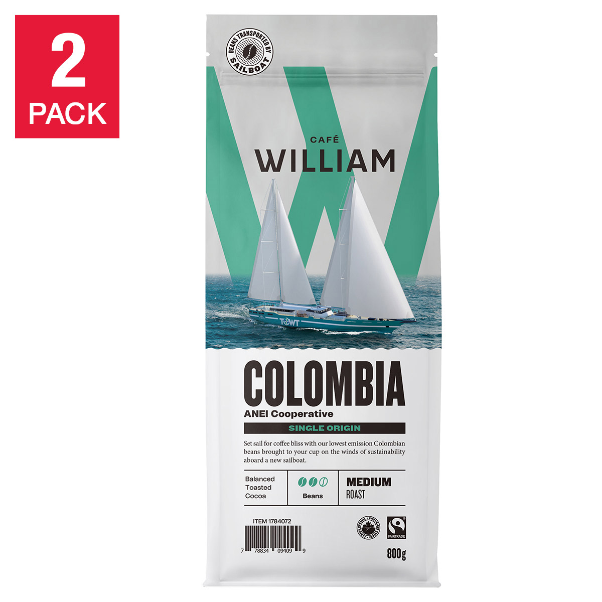 Café William Organic Medium Roast Colombian Coffee Beans, 2 × 800 g