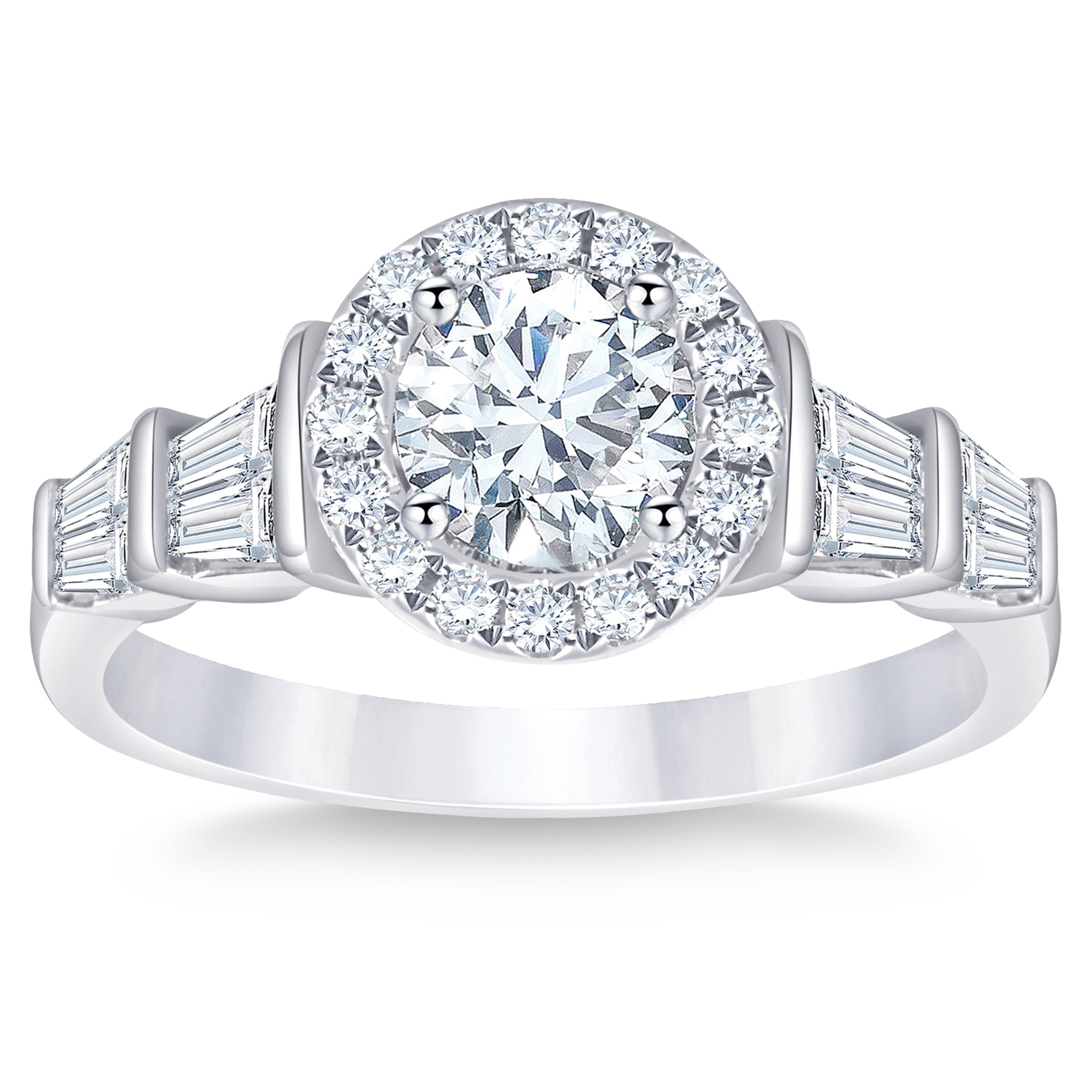 Round Brilliant and Baguette Diamond Halo Ring (1.10 ctw)