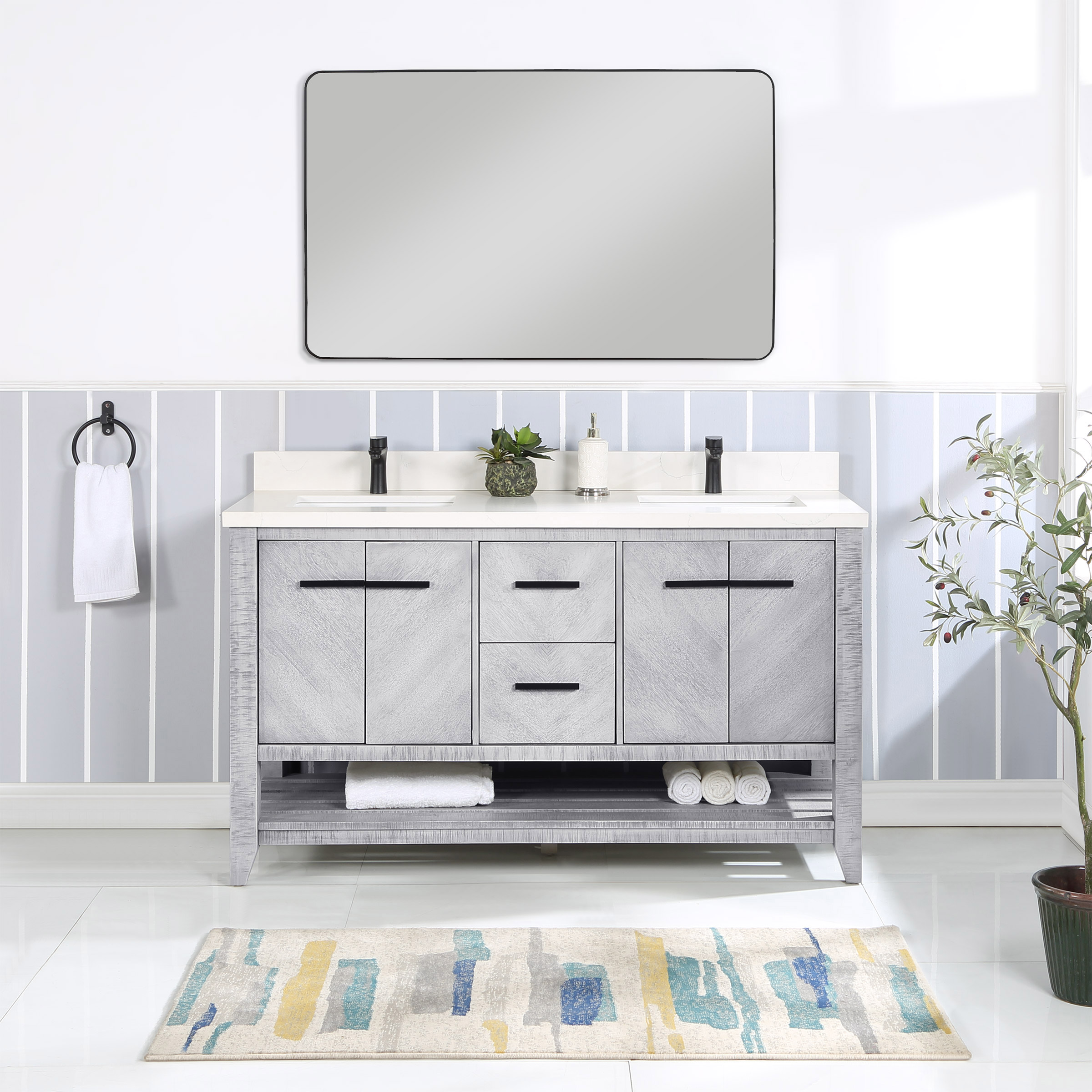 Northridge Home Chevron Double Vanity With Carrara Quartz Countertop