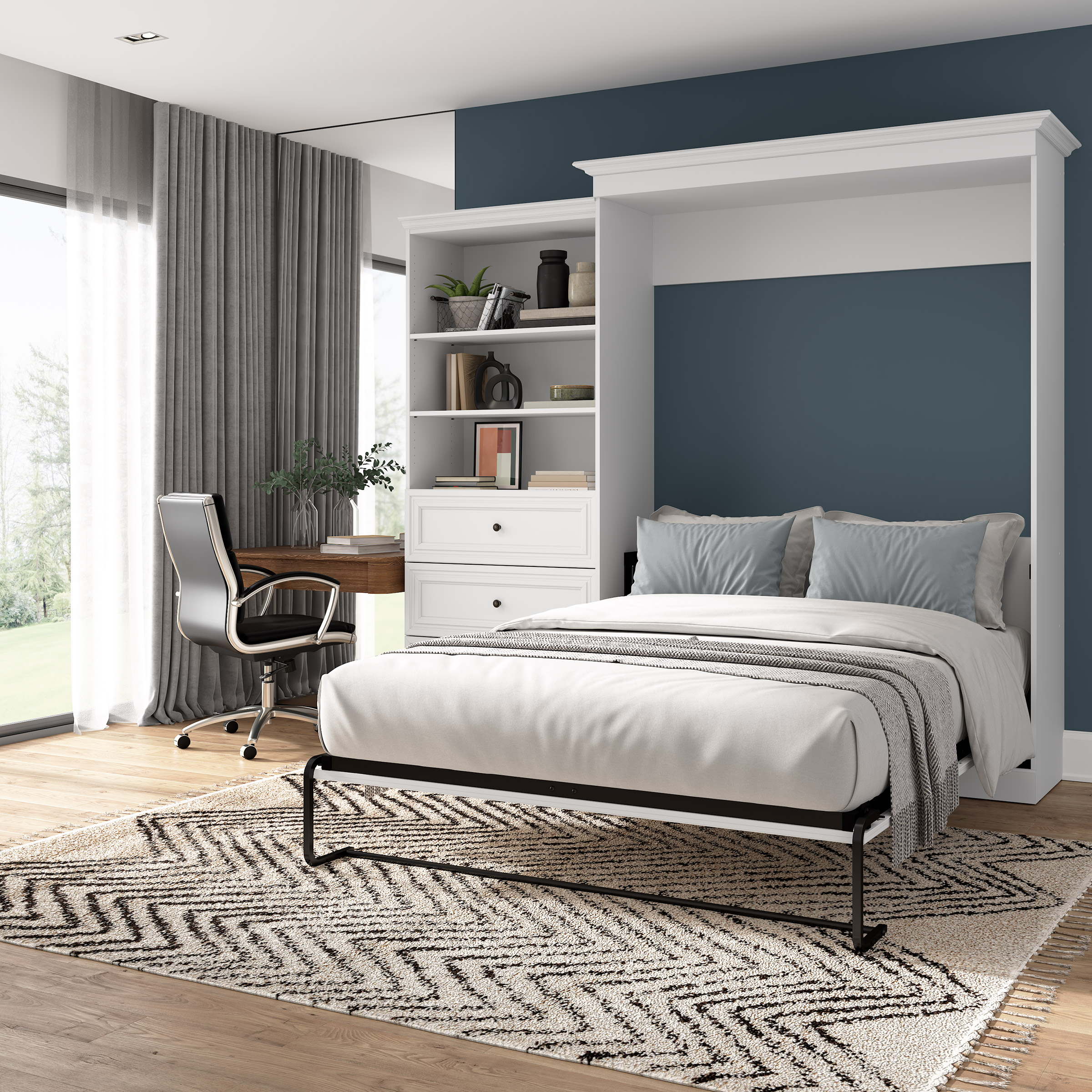 Bestar Audrea Queen Wall Bed with 36" Storage and Drawers in White