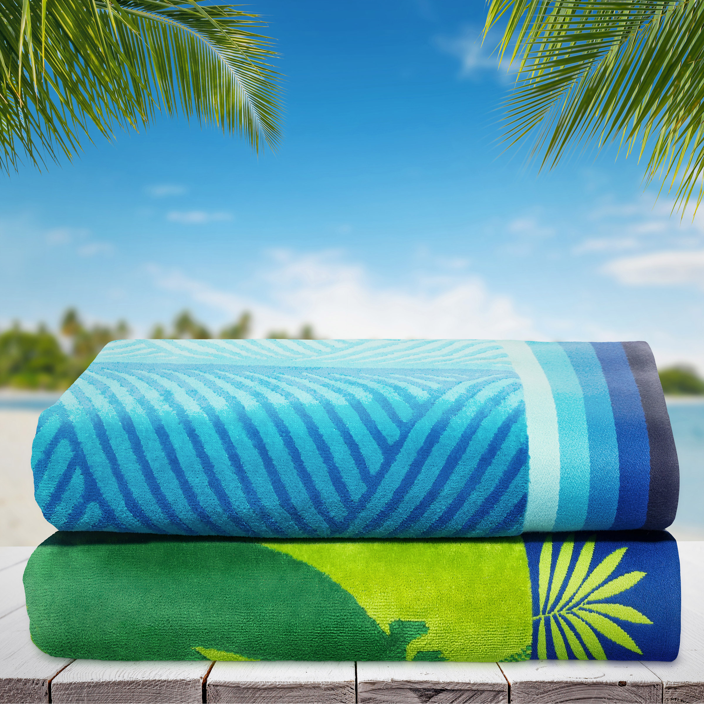 Blue Waves & Flying Parrots Jacquard Beach Towel, 2-pack | Costco