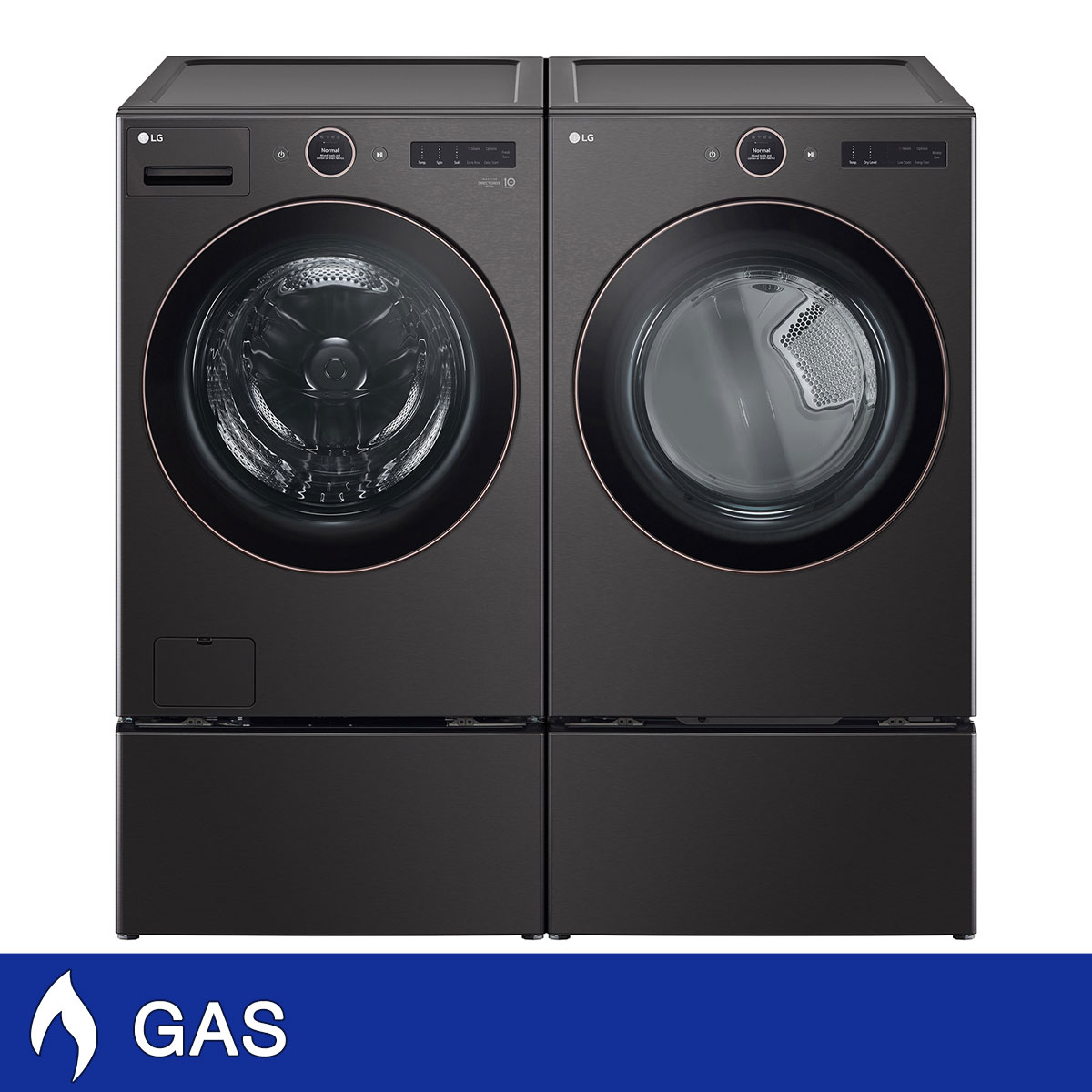 LG 5.0 cu. ft. Mega Capacity Smart Front Load Washer with TurboWash 360 and 7.4 cu. ft. GAS Dryer with AI Sensor Dry and TurboSteam with Storage Pedestals