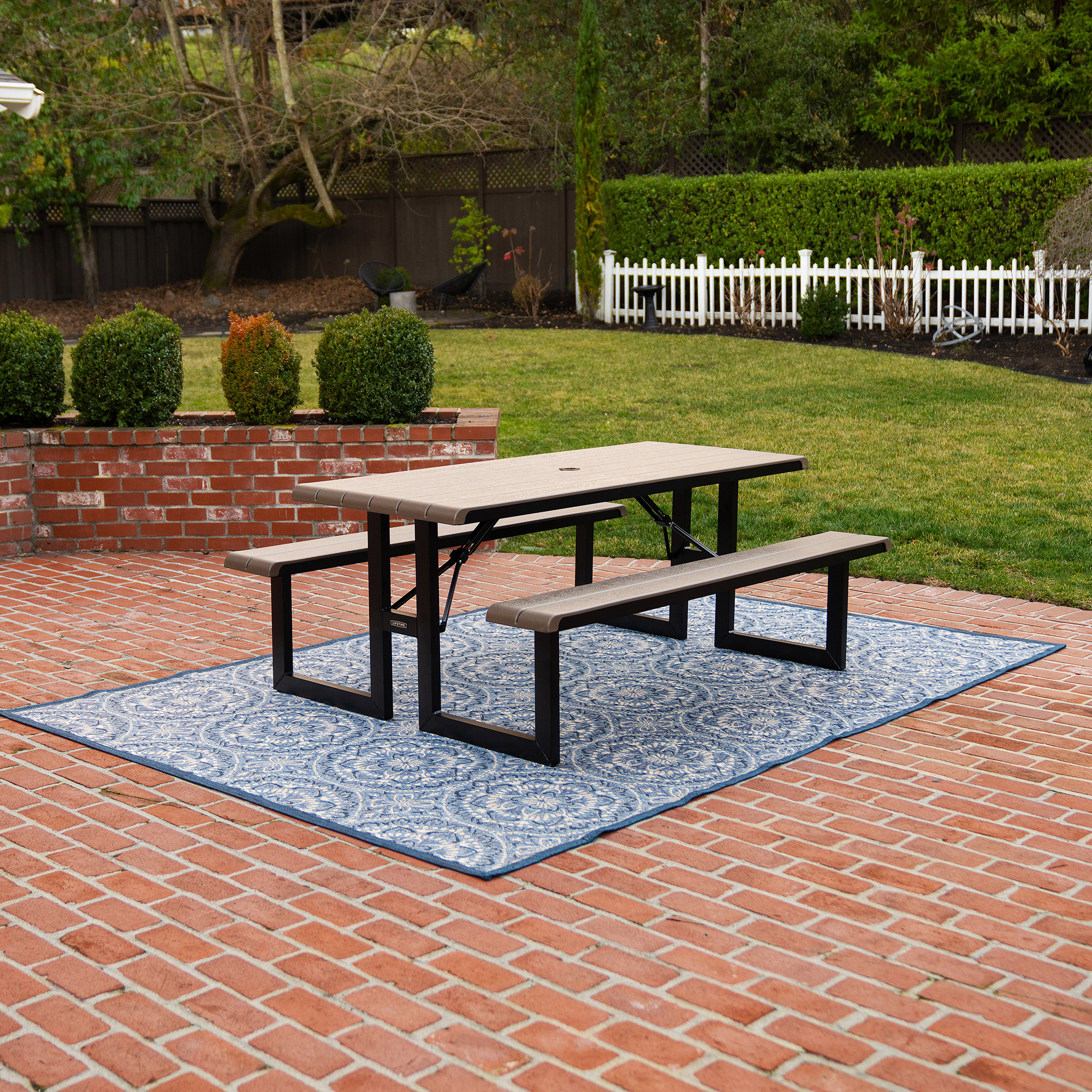 thumbnail image 2 of VEVOR 6FT Foldable Picnic Table With Benches - Steel Outdoor Dining Set With Umbrella Hole For Patio, Garden, Yard, Poolside (Black) 2 of 13