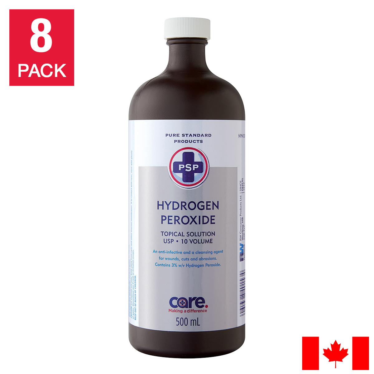 PSP Hydrogen Peroxide USP 3%, 8 x 500 mL