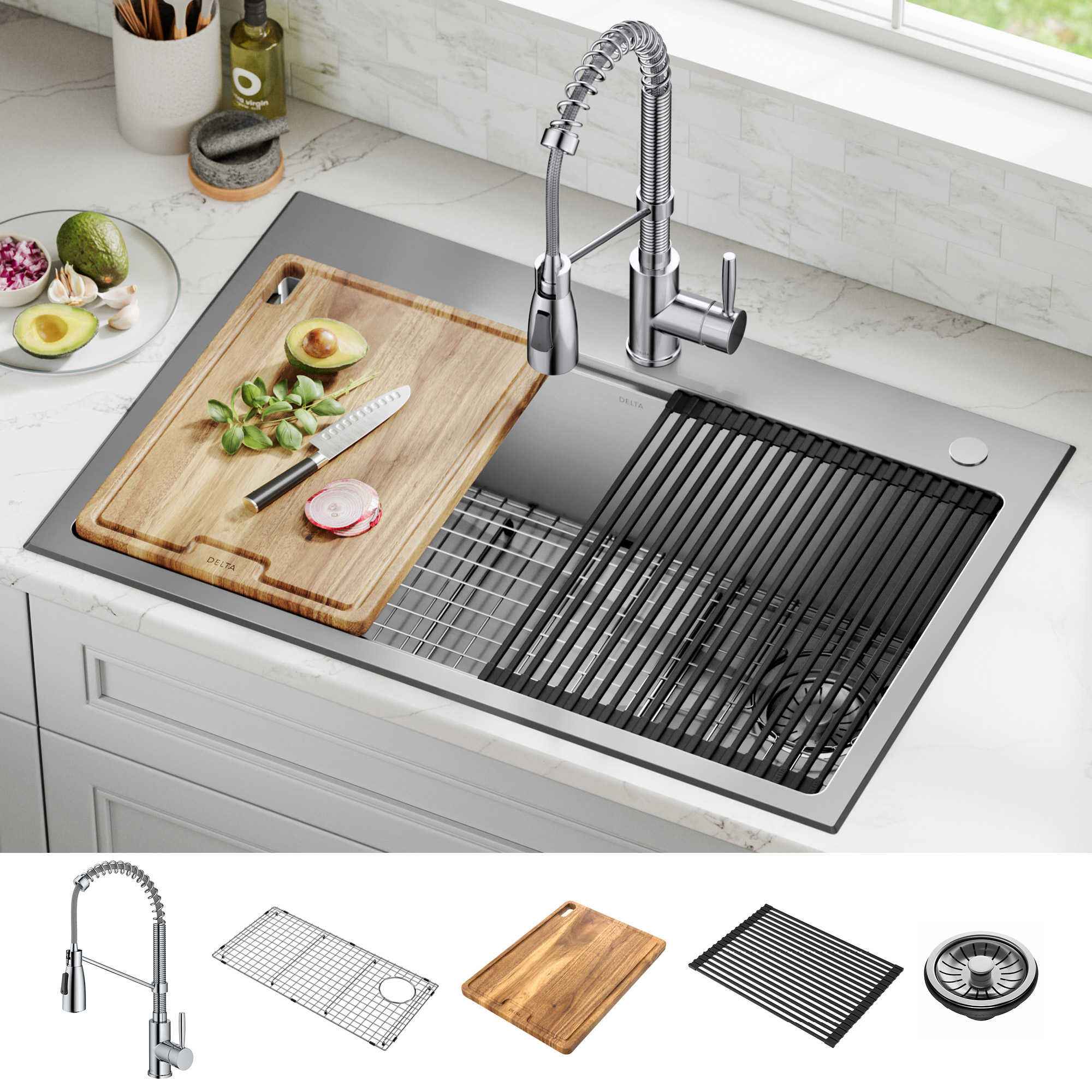 Delta 33" Dual Mount Workstation Sink with 18" Kitchen Faucet