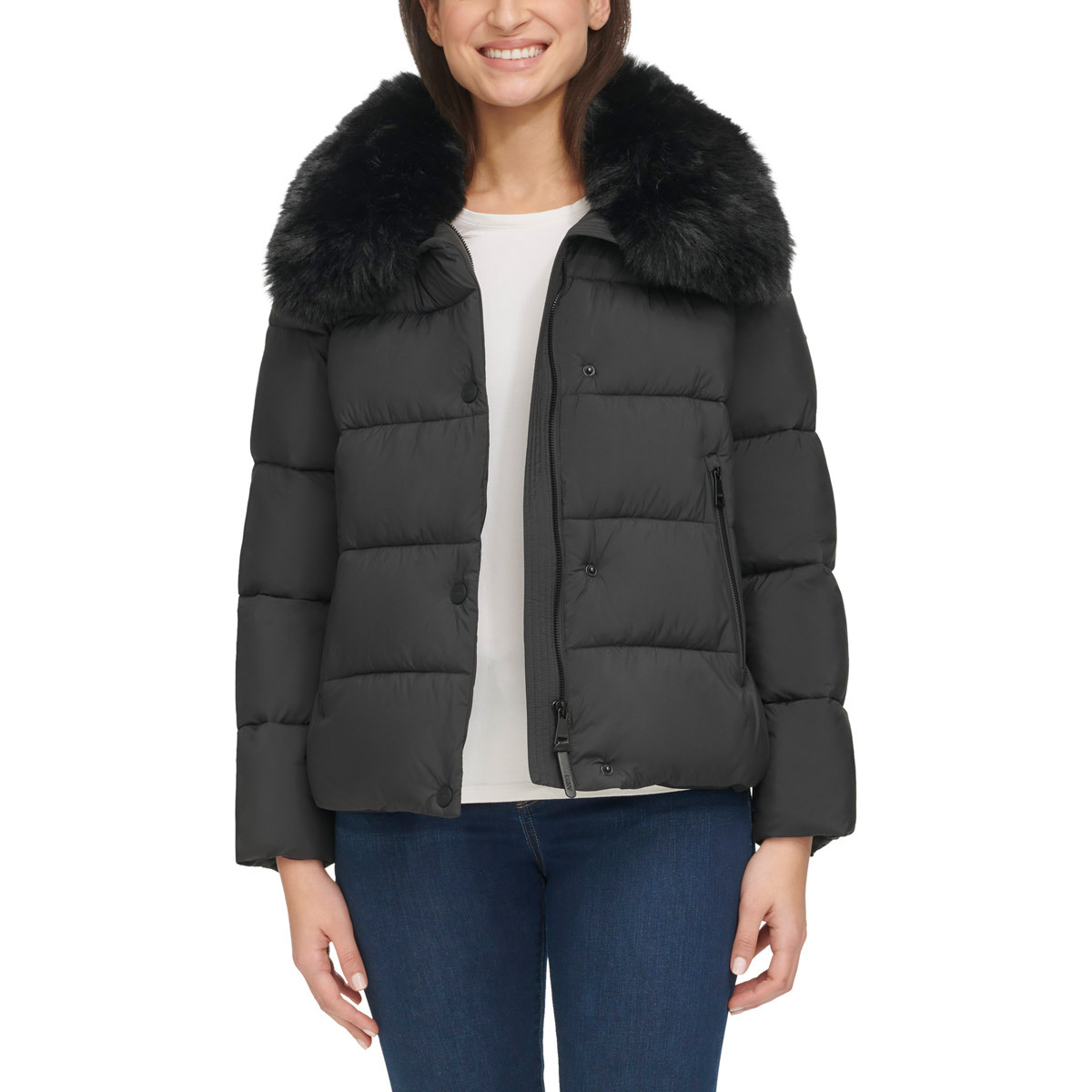 DKNY Women's Short Puffer with Removable Faux Fur Collar