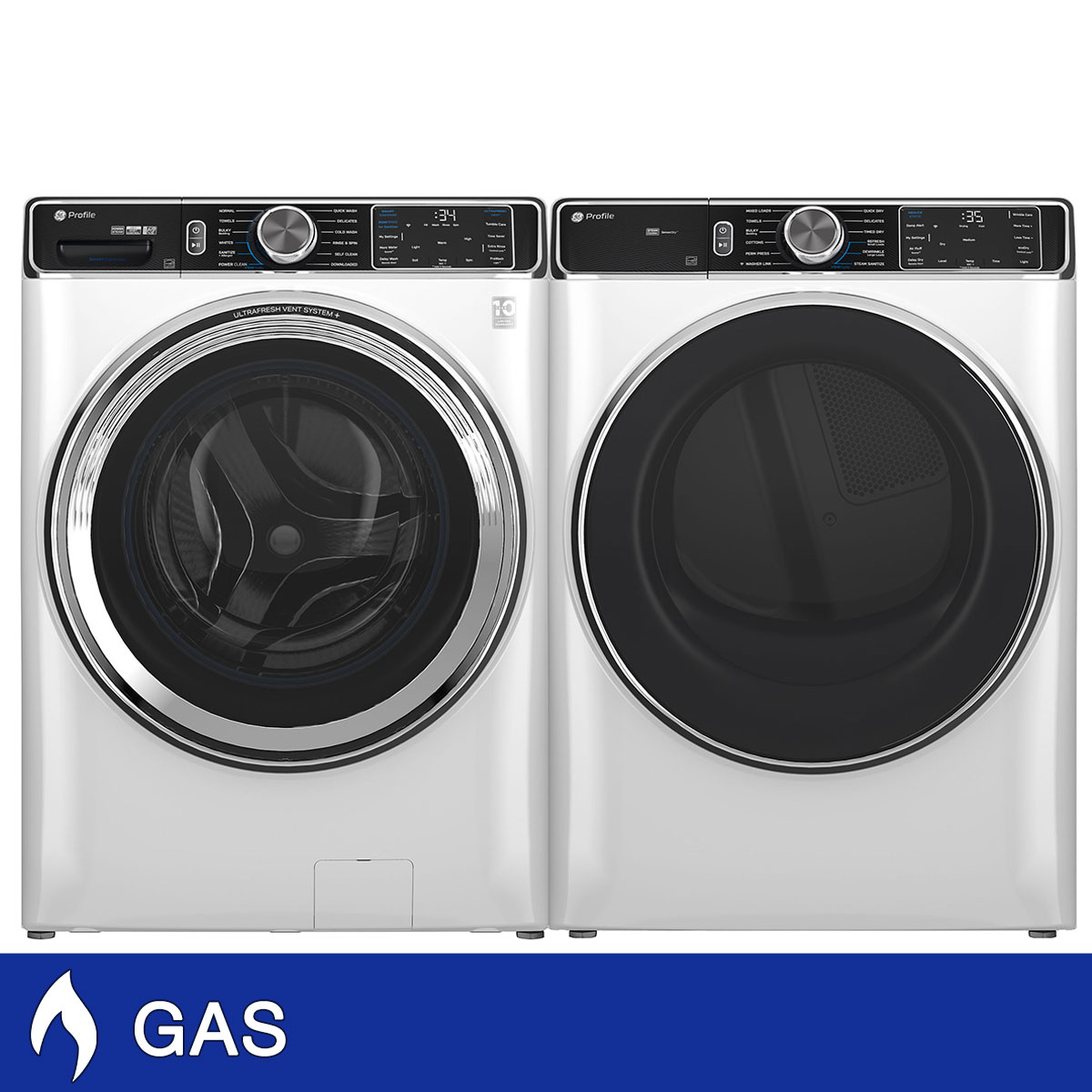 GE Profile 5.3 cu. ft. Front Load Washer with UltraFresh Vent System+ and 7.8 cu. ft. Front Load GAS Dryer with Steam and Sanitize Cycle