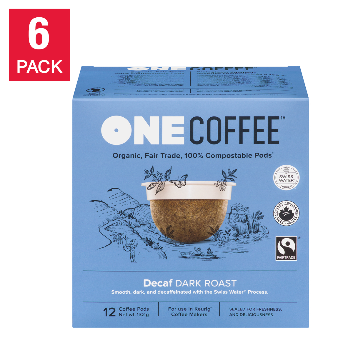 OneCoffee Organic Swiss Water Decaf Fairtrade Coffee K-Cup Pods, 72-count 