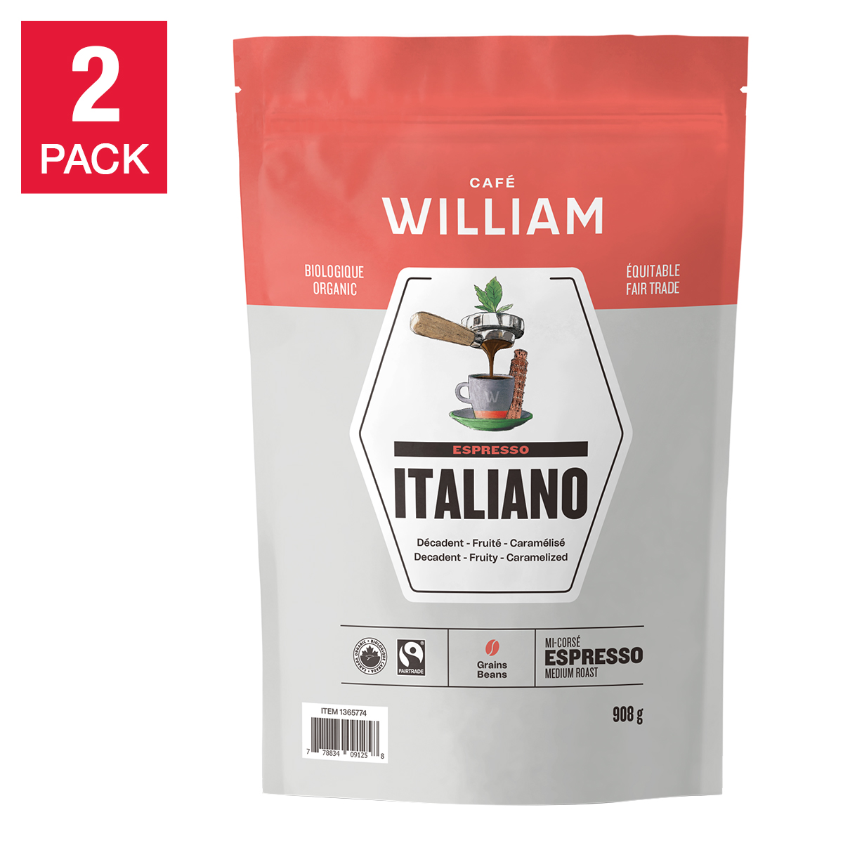 Café William Espresso Italiano Fair Trade and Organic Coffee, 2 x 908 g