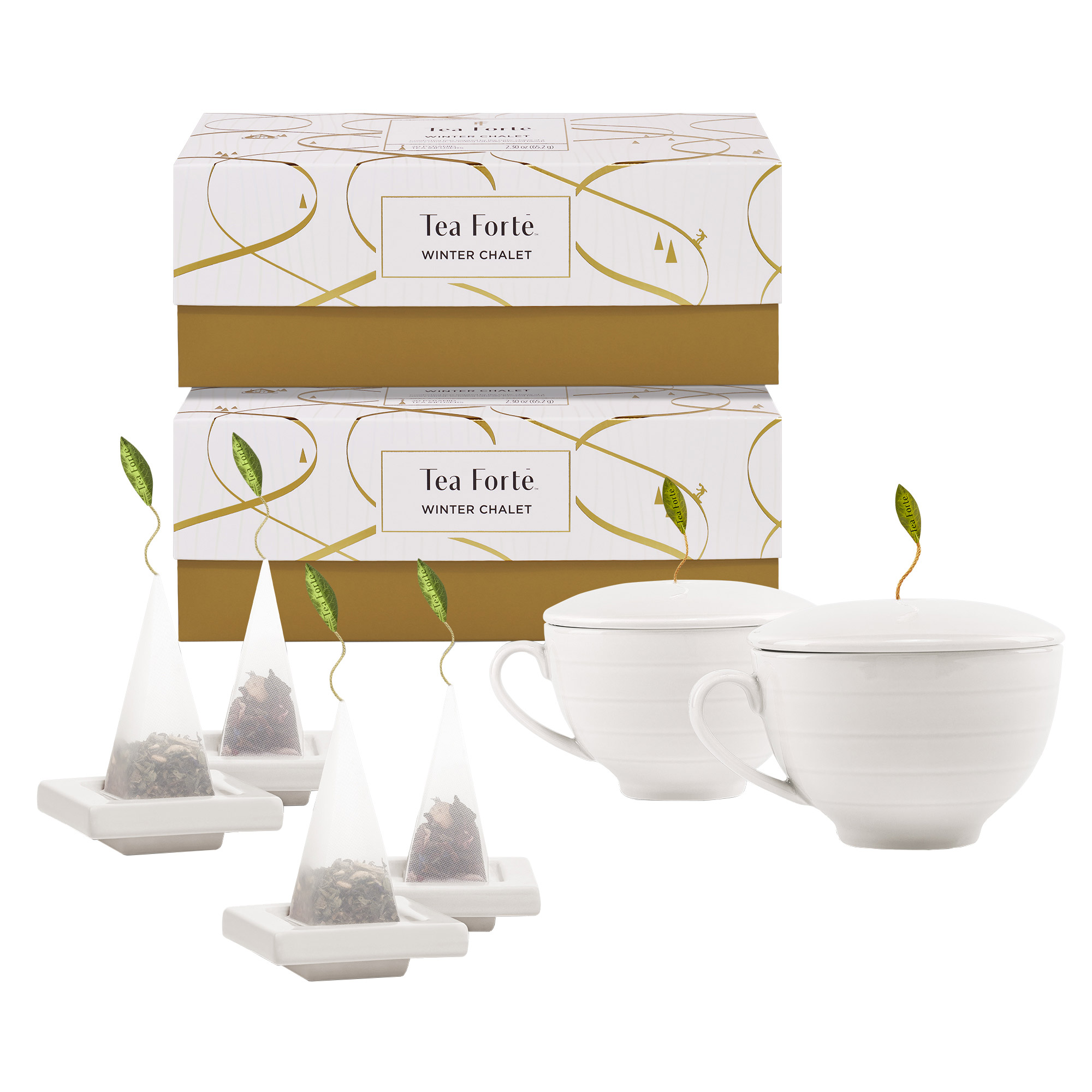 Tea Forté Winter Chalet Bundle  2 Café Cups and 4 Tea Trays  50 Tea Pyramids Total