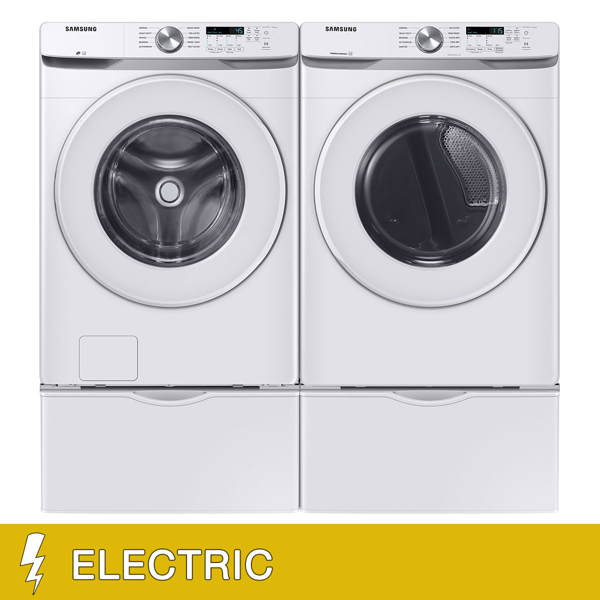 Samsung 4.5 cu. ft. Front Load Washer with Vibration Reduction Technology+ and 7.5 cu. ft. ELECTRIC Dryer with Storage Pedestals