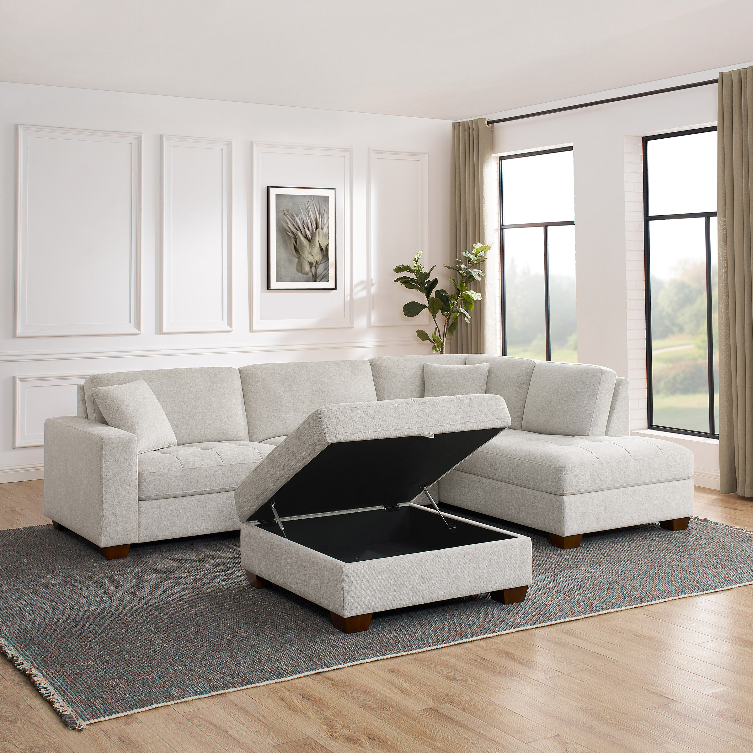 Thomasville Miles Right-hand Facing 3-piece Fabric Sectional with Storage Ottoman, Beige