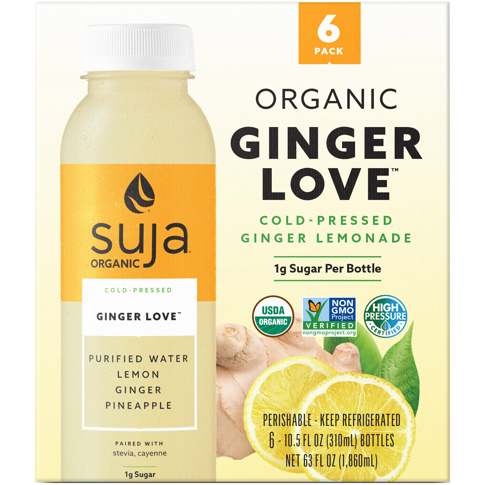 Suja Organic Cold-Pressed Ginger Love Lemonade, 10.5 fl oz, 6 ct