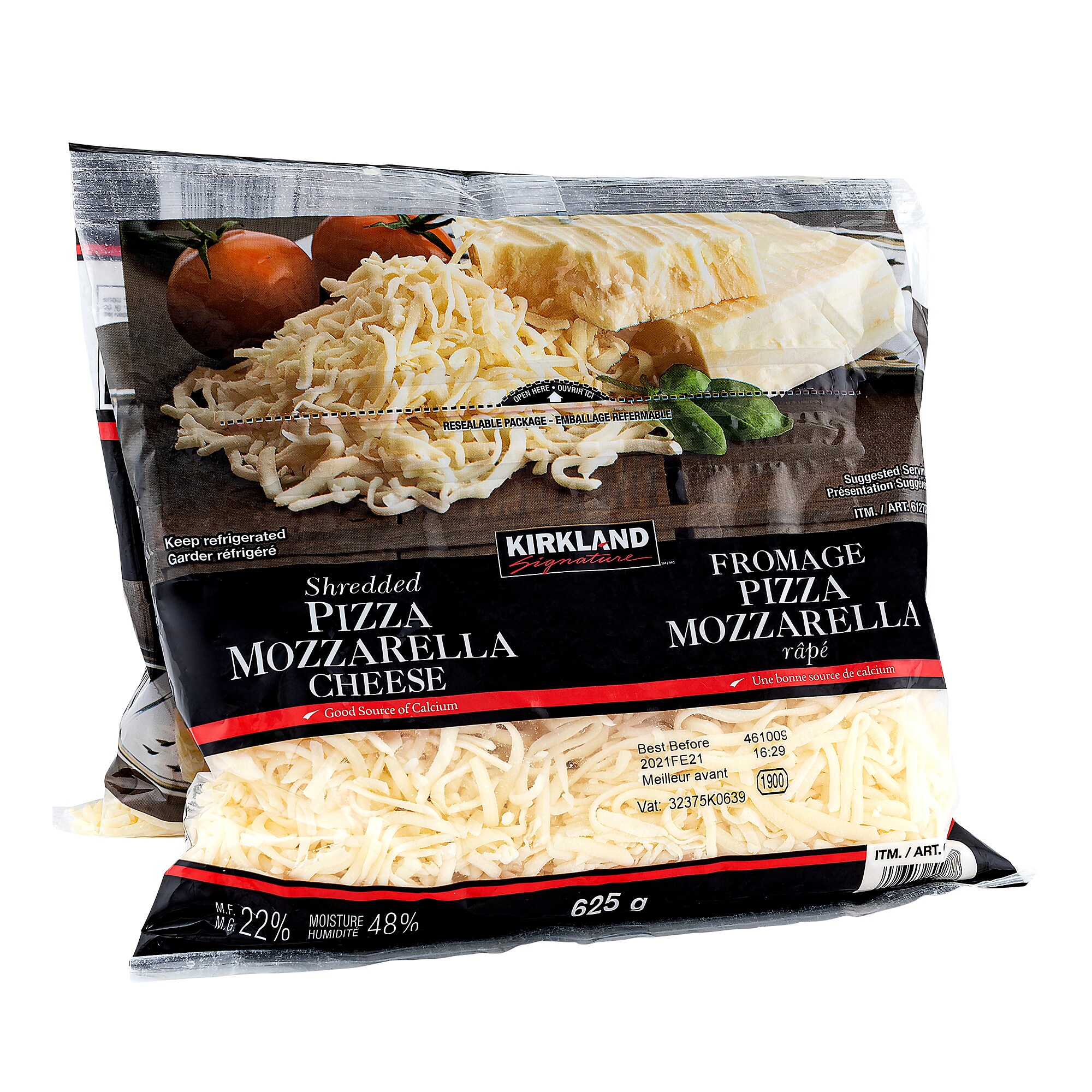 Kirkland Signature Shredded Pizza Mozzarella Cheese, 2 x 625 g
