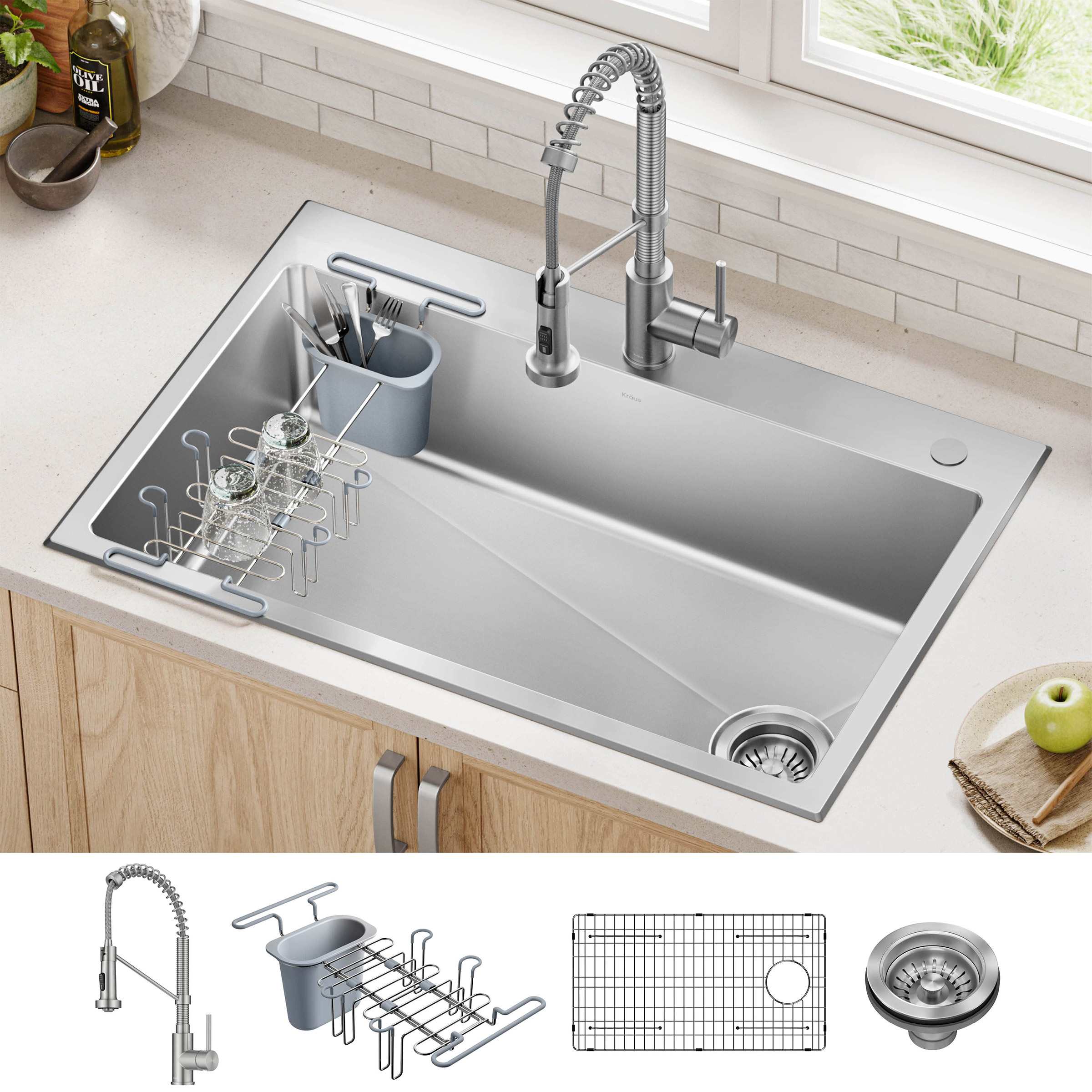 KRAUS 33" Top Mount Single Bowl Kitchen Sink with Commercial Pull Down Faucet
