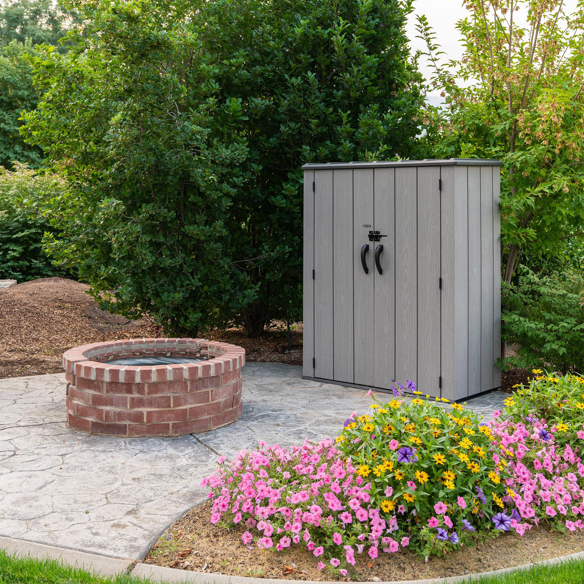 Lifetime vertical storage shed with shelves
