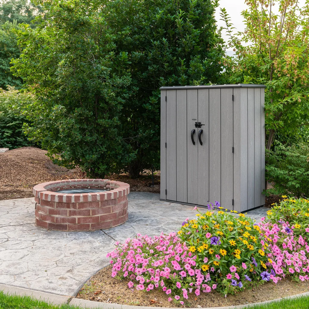 Lifetime vertical storage shed with shelves