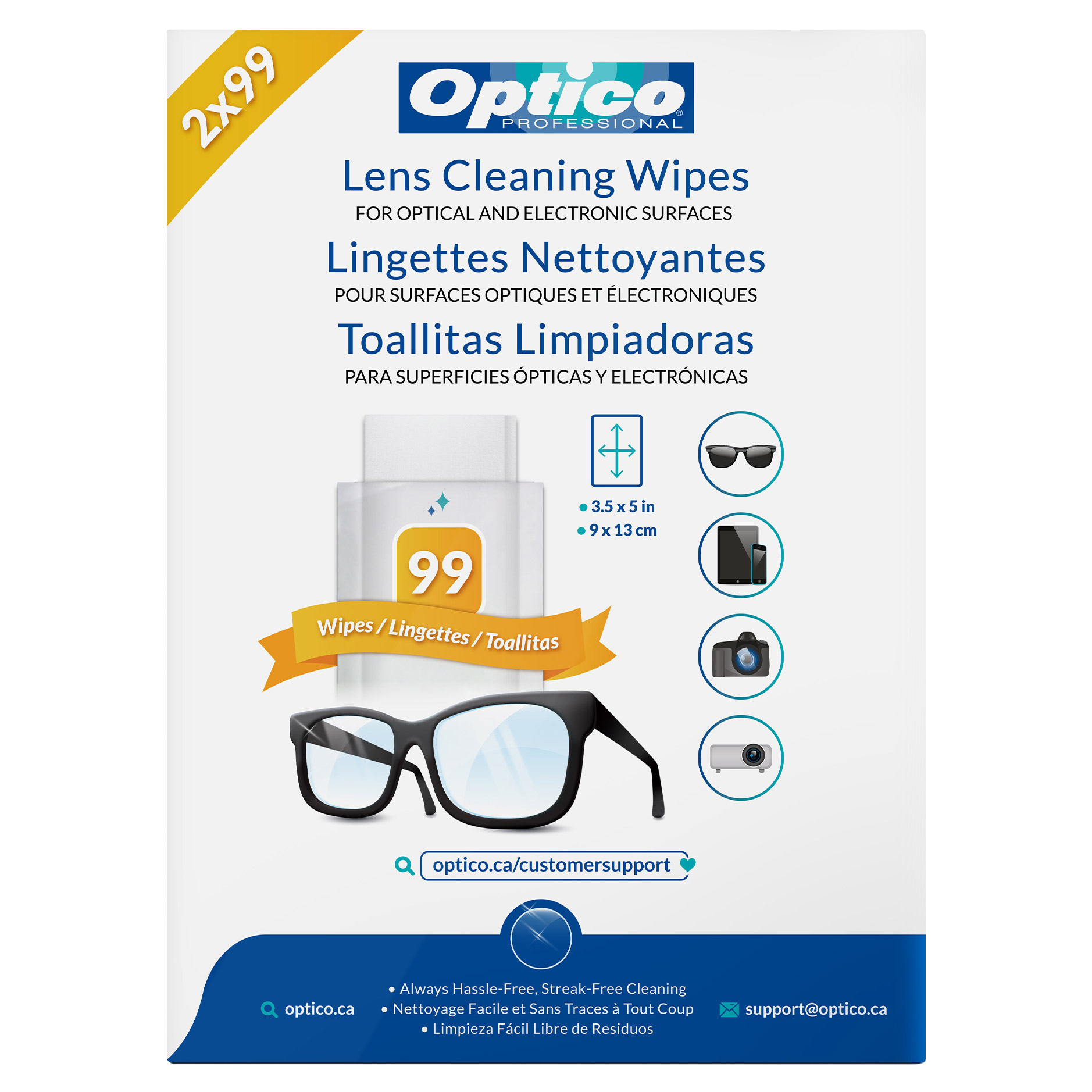 Optico Professional Cleaning Wipes for Optical and Electronic Surfaces 2 × 99 Wipes