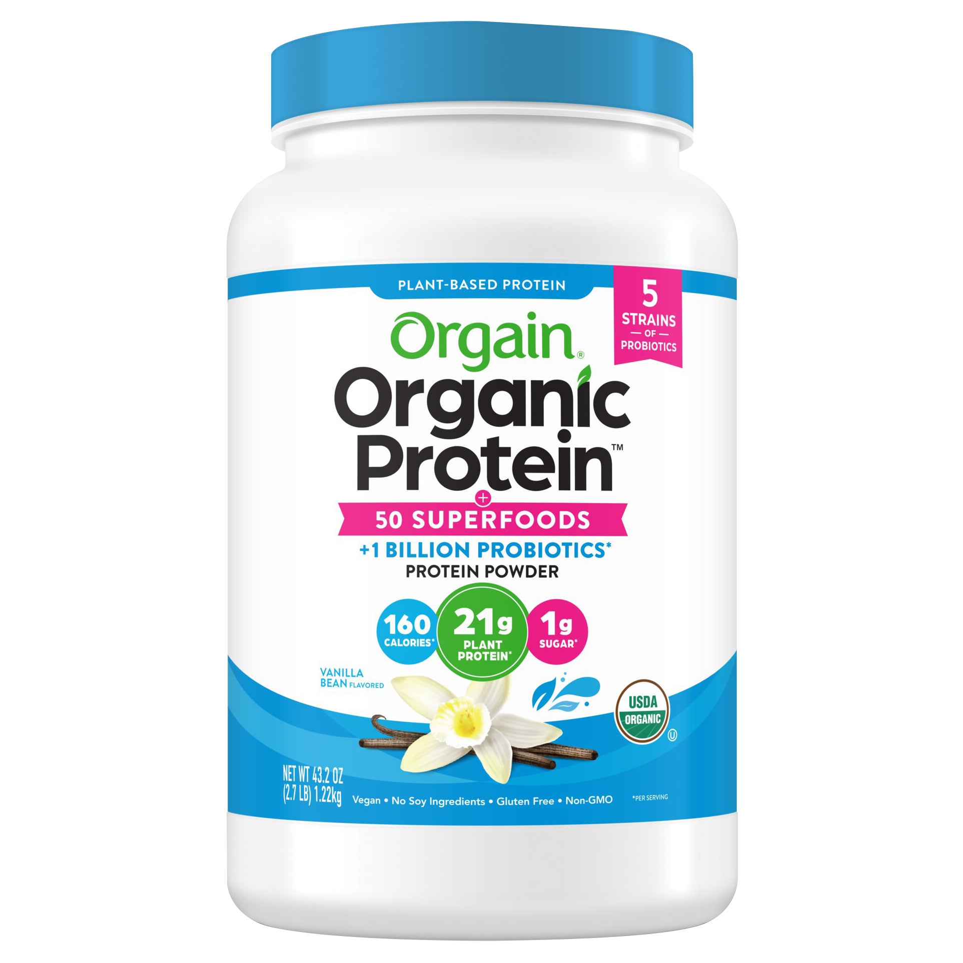**Orgain** Organic Protein + 50 Superfoods Plant Based Protein Powder, 21g Protein, Vanilla Bean, 2.7 lbs