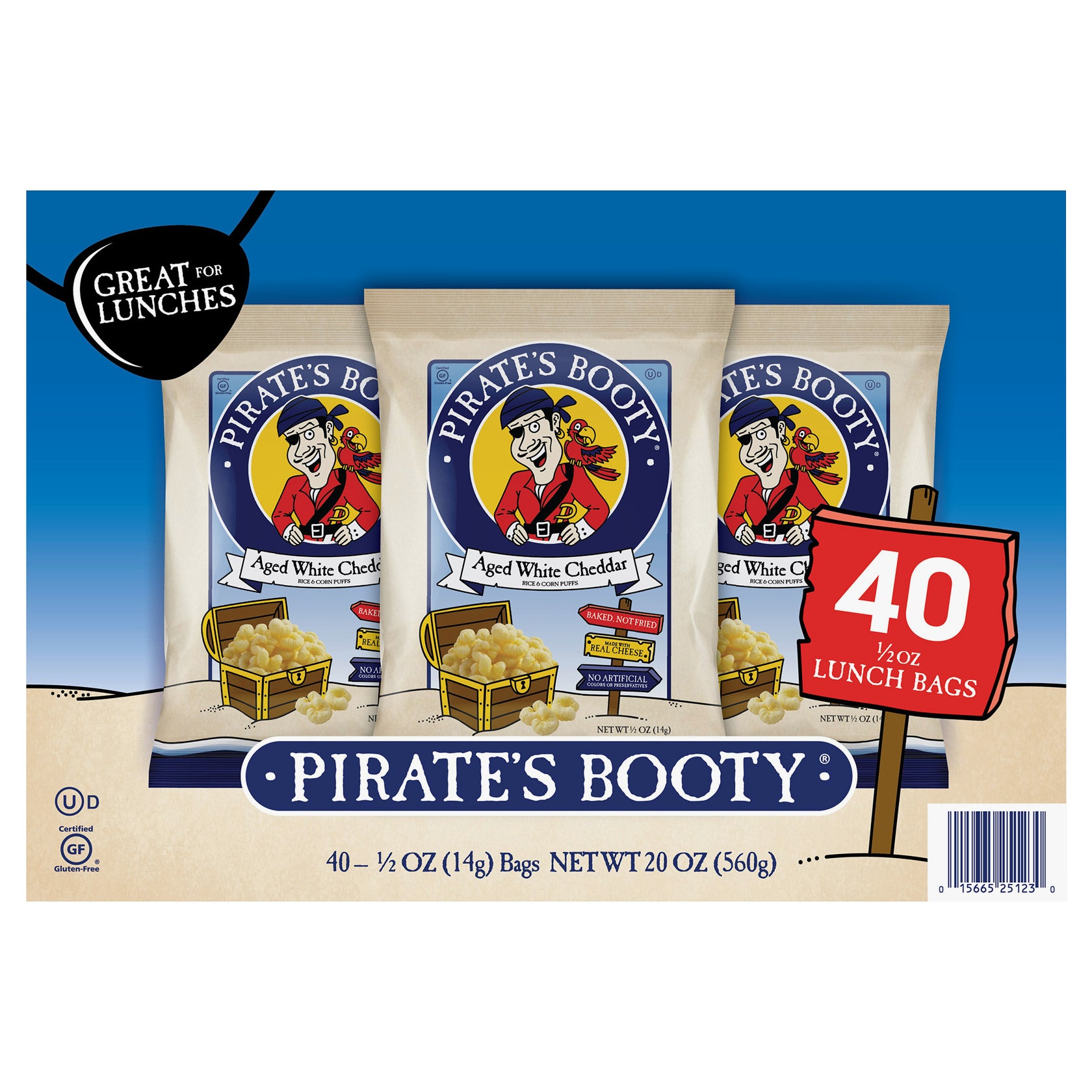 **Pirate's Booty** Rice and Corn Puffs, Aged White Cheddar, 0.5 oz, 40 ct