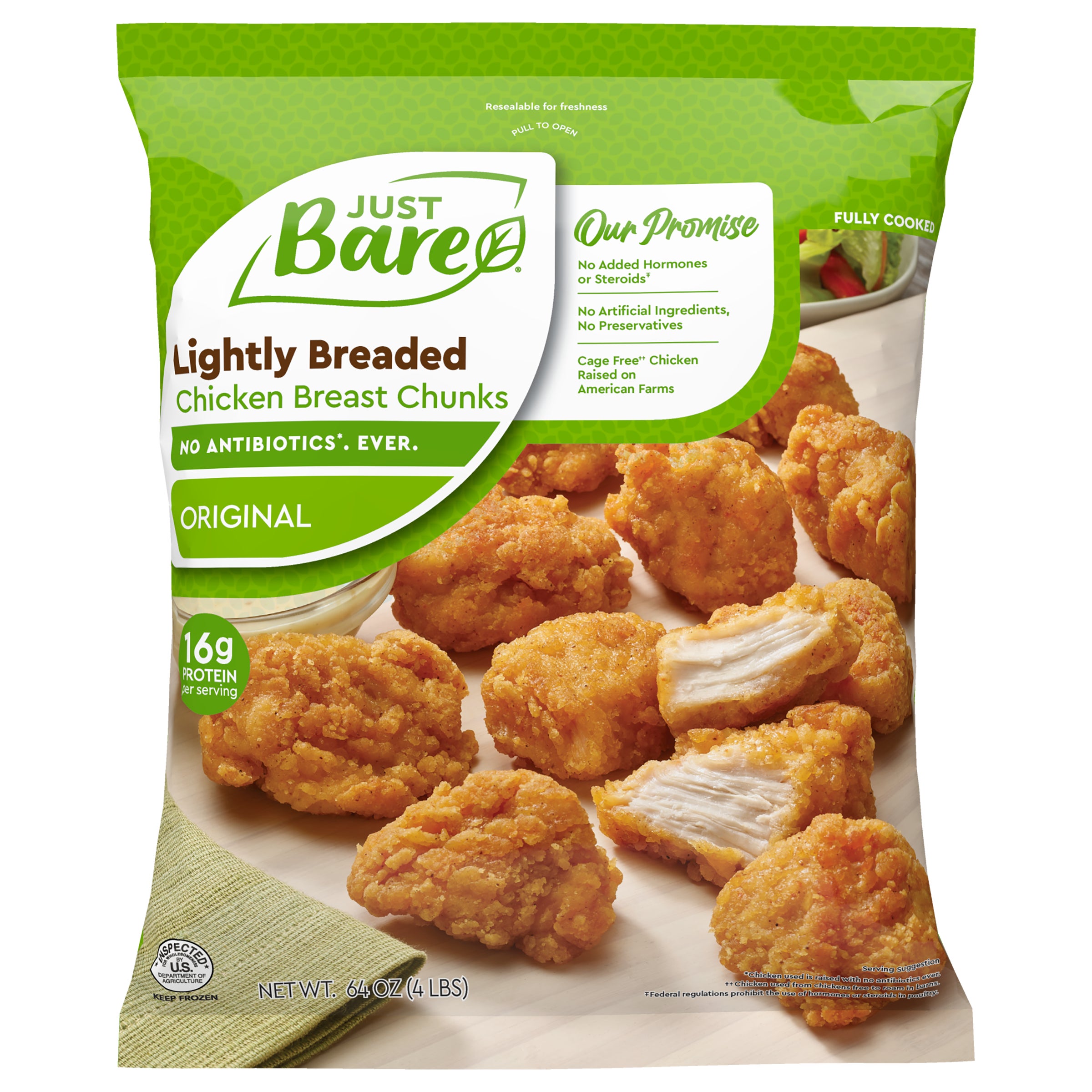**Just Bare** Lightly Breaded Chicken Breast Chunks, Boneless Skinless, 4 lbs